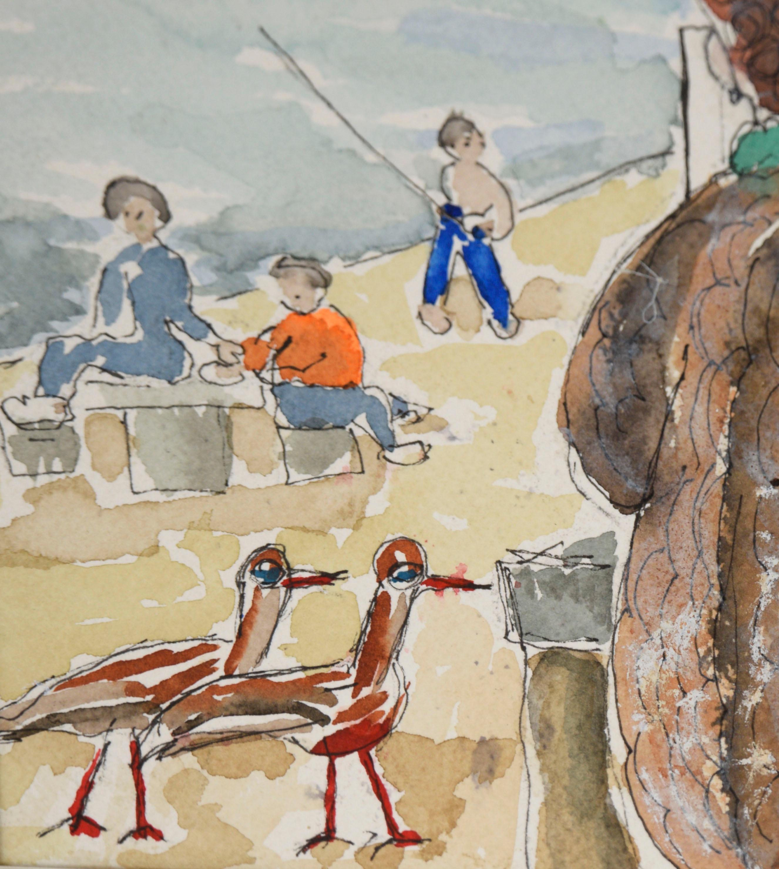 A Day At The Lake – Original-Aquarell auf Papier (Grau), Landscape Art, von Ken L. Stephens