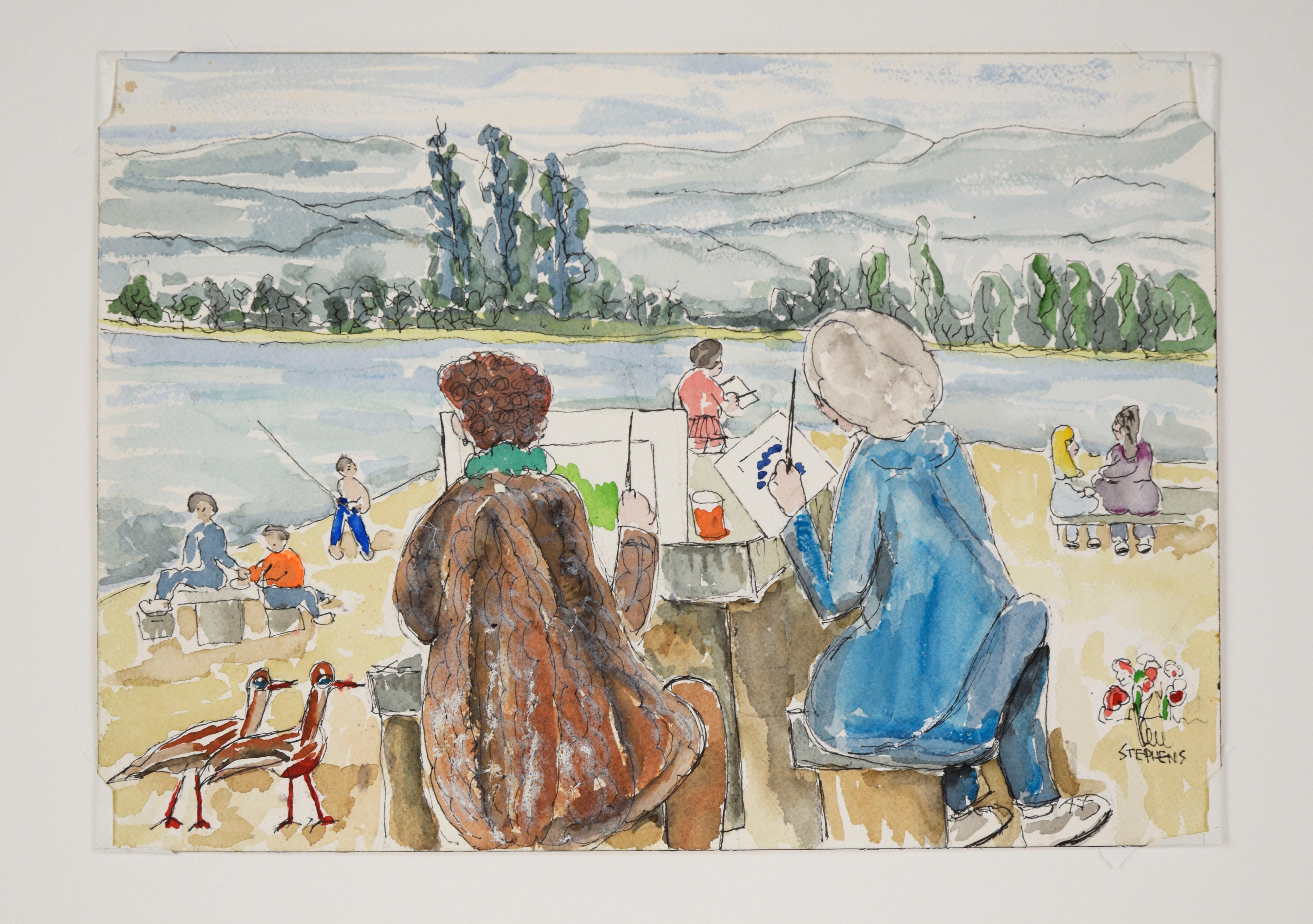 A Day At The Lake – Original-Aquarell auf Papier – Art von Ken L. Stephens