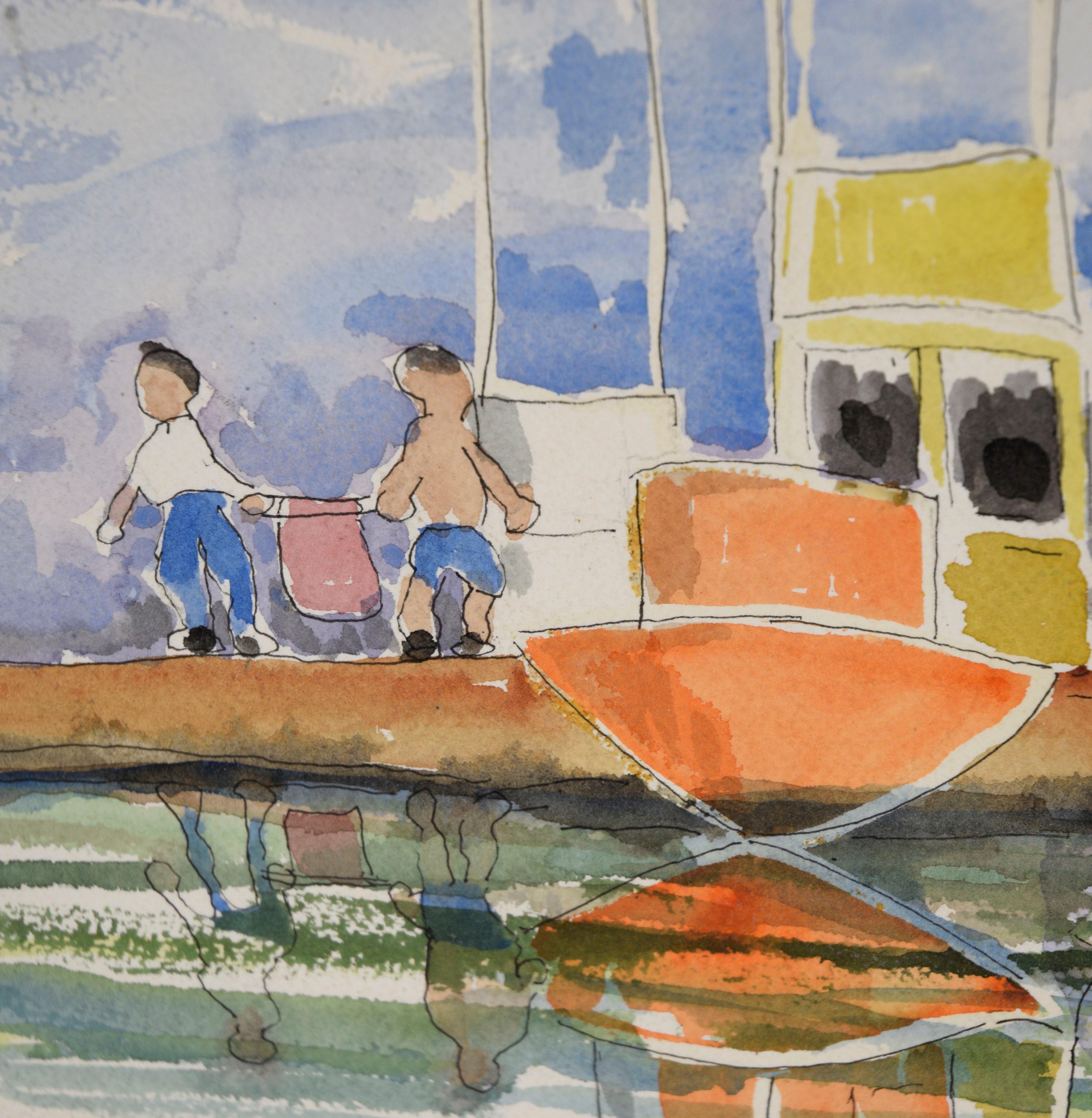Boats Docked On The River – Original-Aquarell auf Papier (Amerikanischer Impressionismus), Art, von Ken L. Stephens