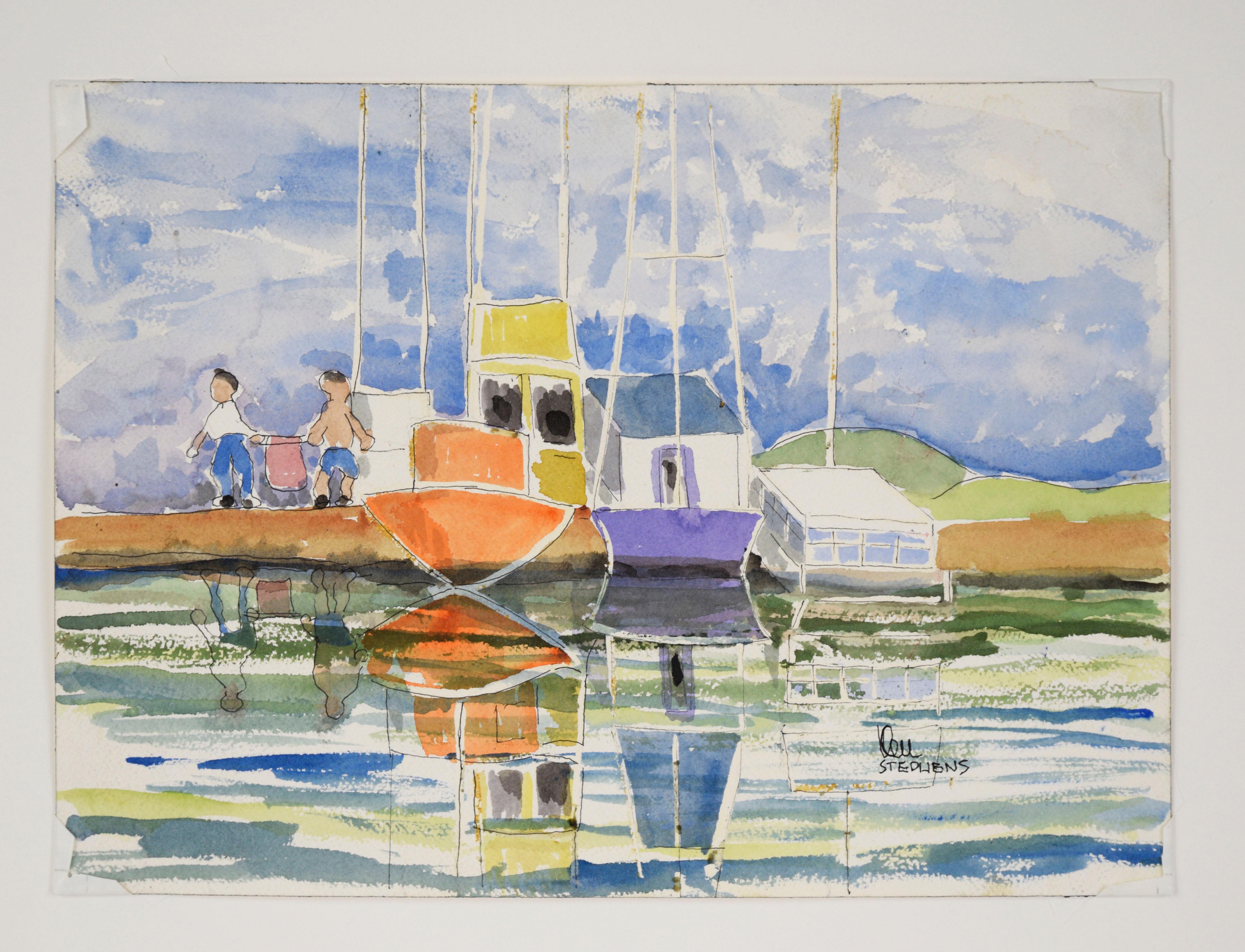 Boats Docked On The River – Original-Aquarell auf Papier – Art von Ken L. Stephens