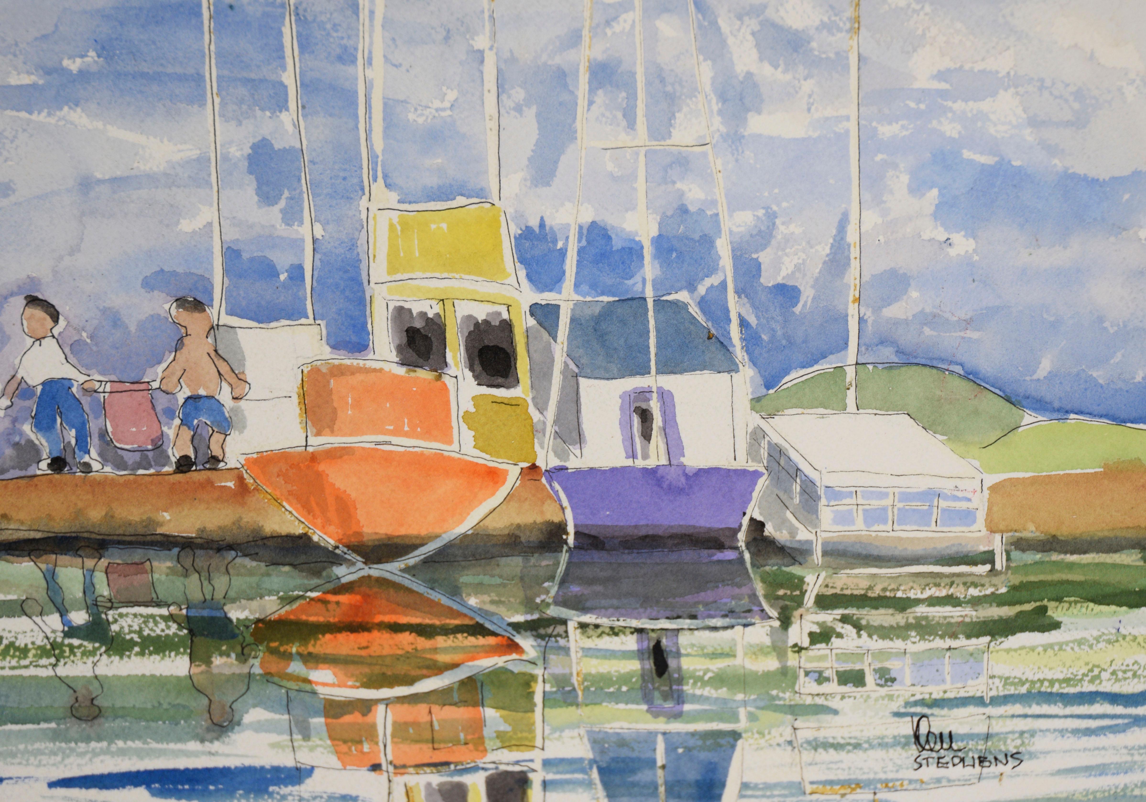 Boats Docked On The River – Original-Aquarell auf Papier (Grau), Figurative Art, von Ken L. Stephens