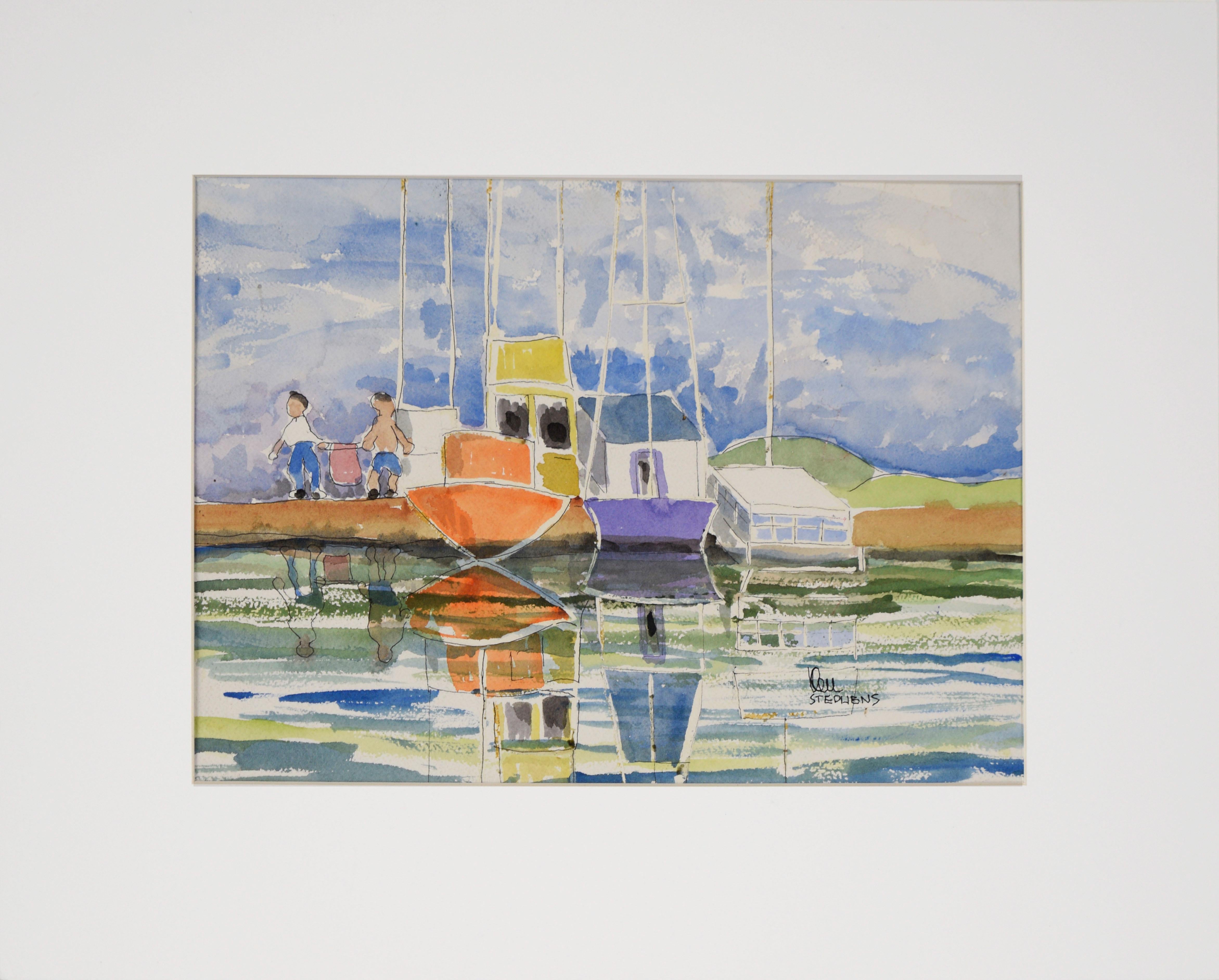 Ken L. Stephens Figurative Art – Boats Docked On The River – Original-Aquarell auf Papier
