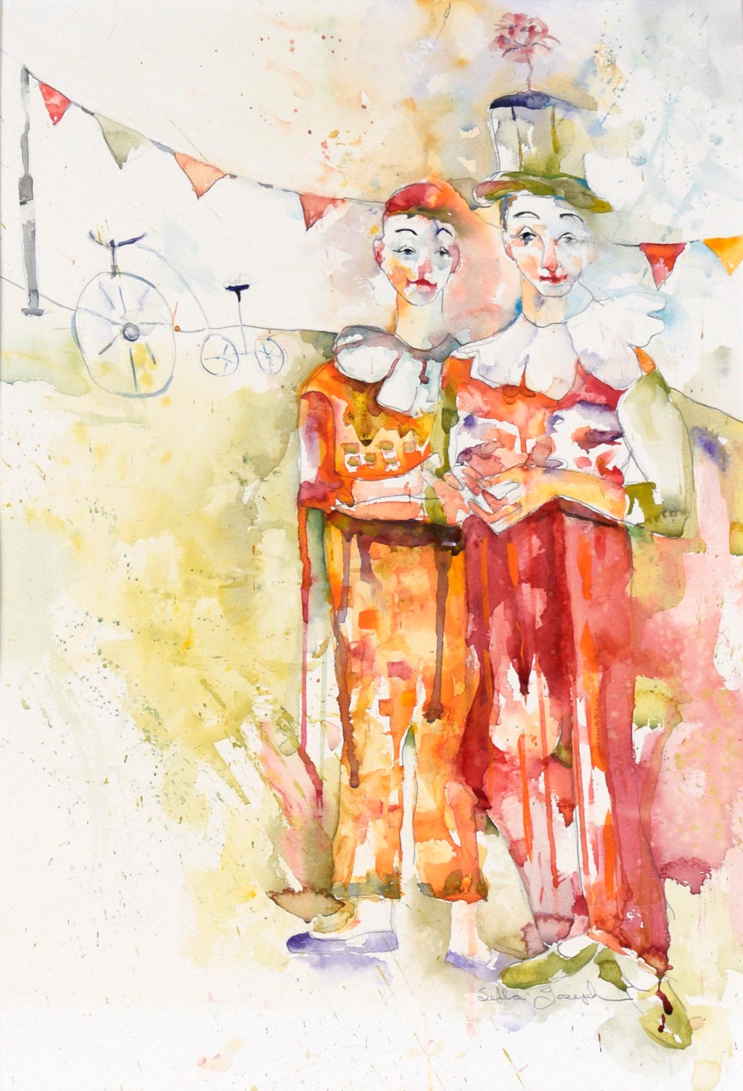 „Sacred Arts“ – Figuratives Harlekin-Aquarell mit Clown auf schwerem Papier (Beige), Figurative Art, von Sefla Joseph