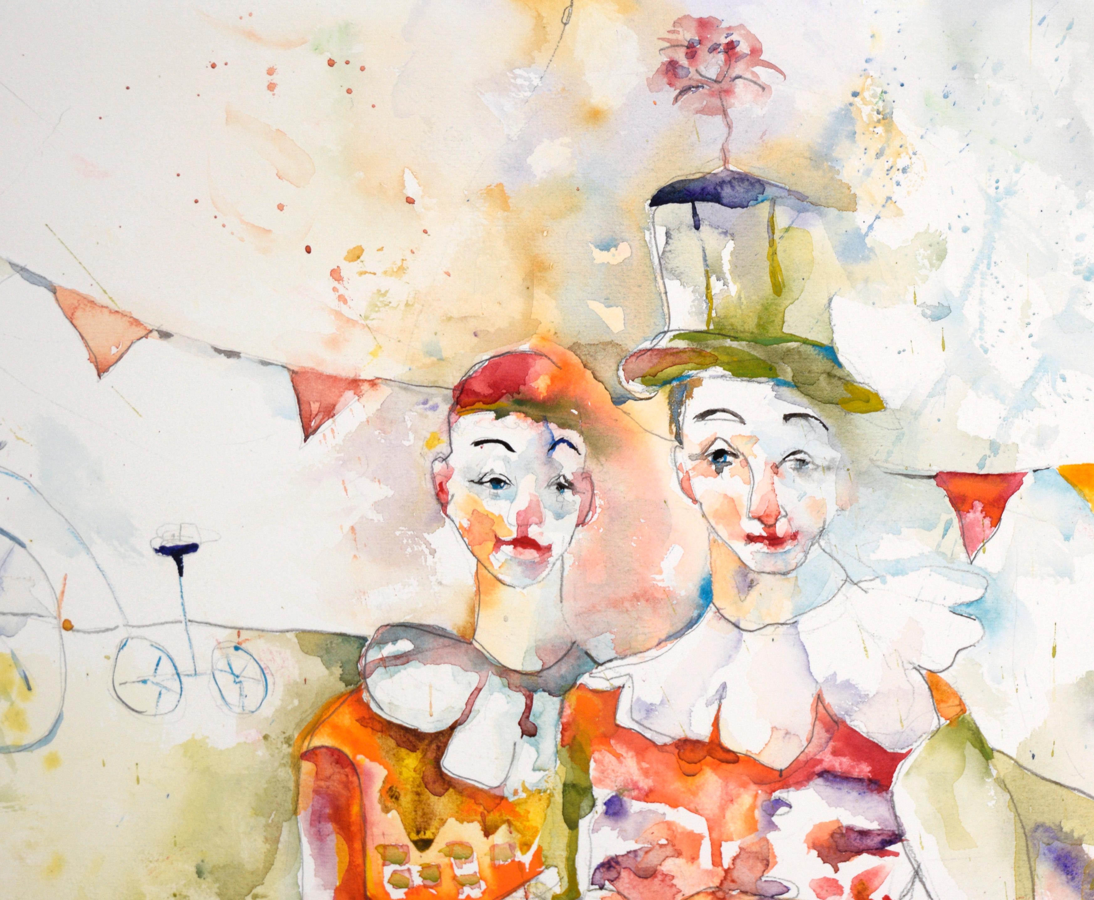 „Sacred Arts“ – Figuratives Harlekin-Aquarell mit Clown auf schwerem Papier

Aquarell von zwei Clowns von Sefla Joseph (Kanadierin, 20. Jahrhundert). Die Clowns stehen nebeneinander, die Hände ineinander verschränkt. Sie tragen leuchtend rote und