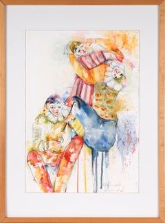 « A Sense of Balance » - Aquarelle figurative d'un clown arlequin sur papier lourd