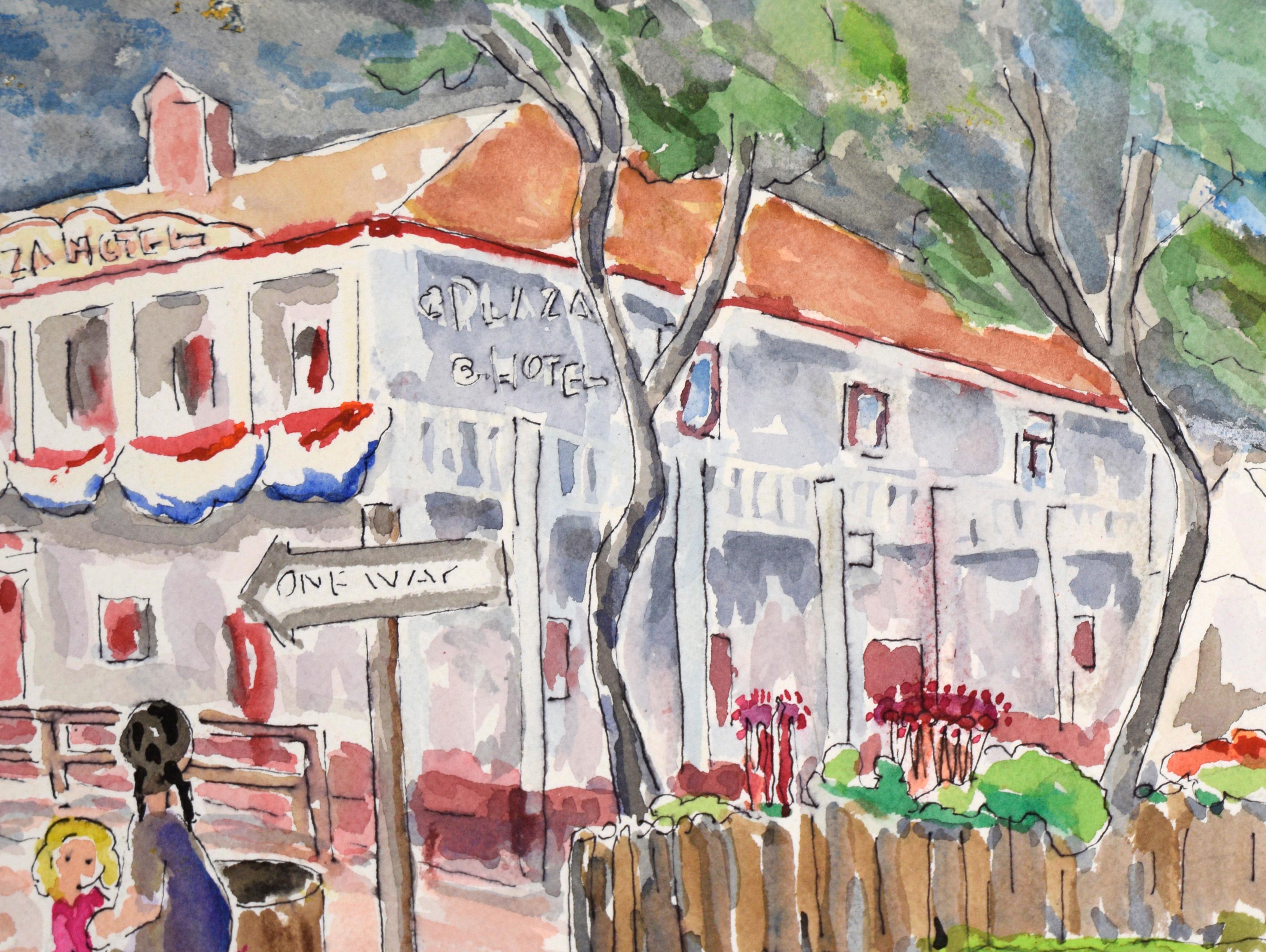 Plaza Hotel - Original Watercolor on Paper - Gray Figurative Art by Ken L. Stephens
