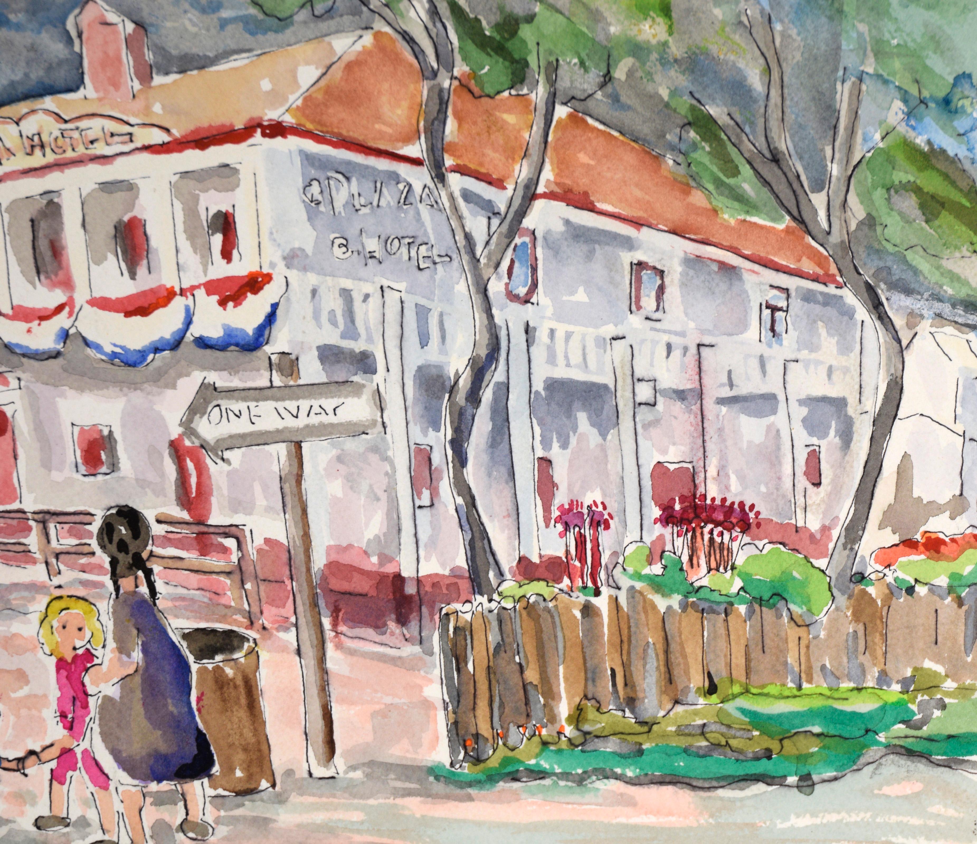 Boats Docked On The River - Original Watercolor on Paper

Original watercolor of the Plaza Hotel by Ken L. Stephens (American. 20th Century). A few people are walking around the hotel, which is adorned with red, white, and blue banners. The area