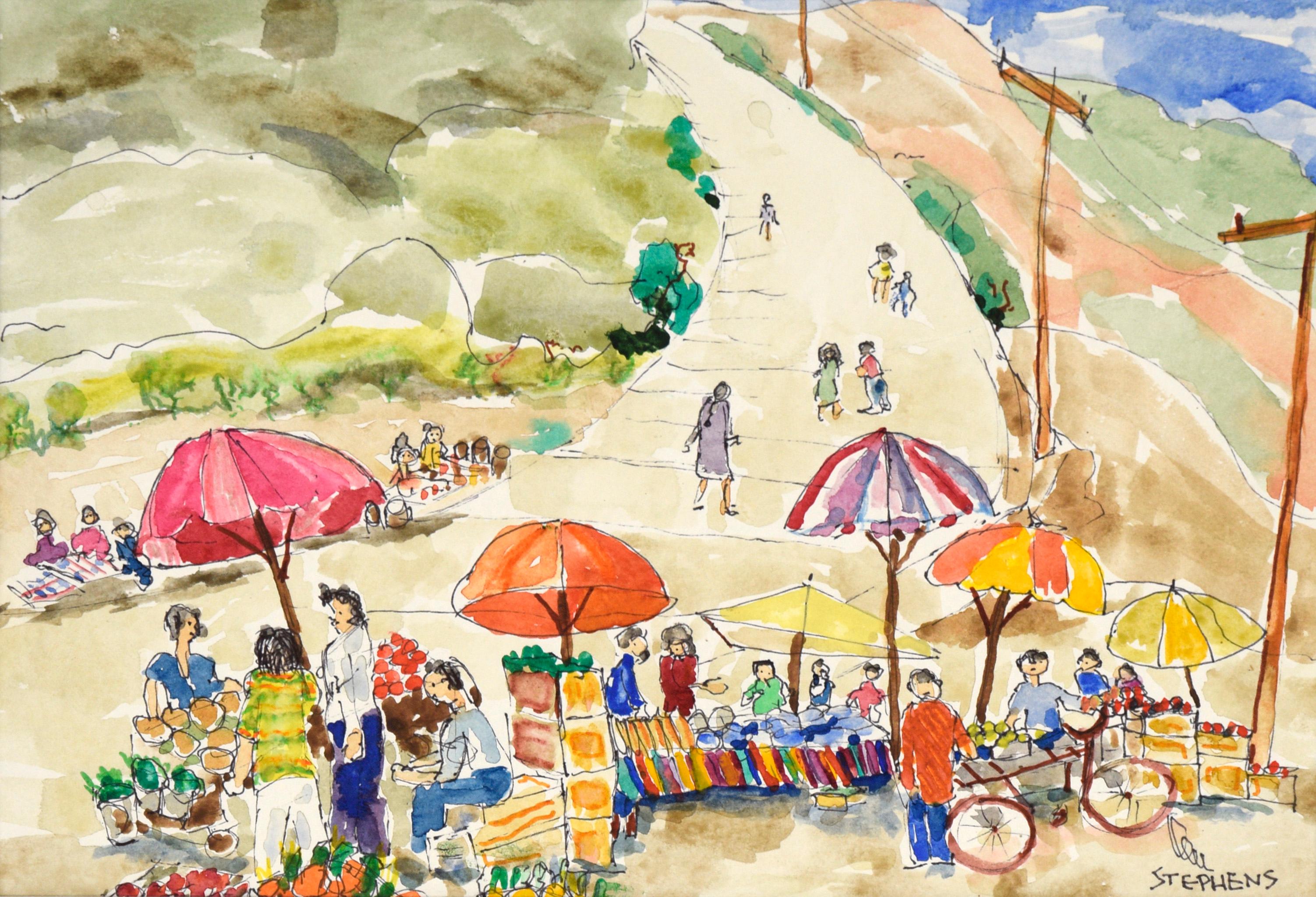 Farmer's Market - Aquarelle originale sur papier - Art de Ken L. Stephens