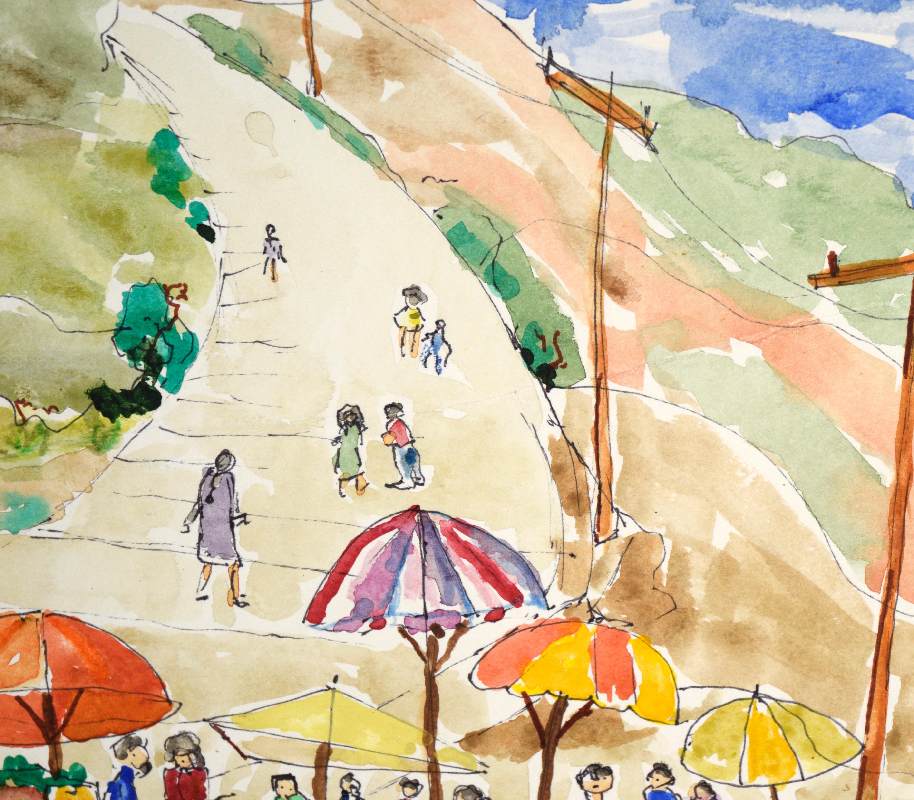 Farmer's Market - Aquarelle originale sur papier - Beige Landscape Art par Ken L. Stephens