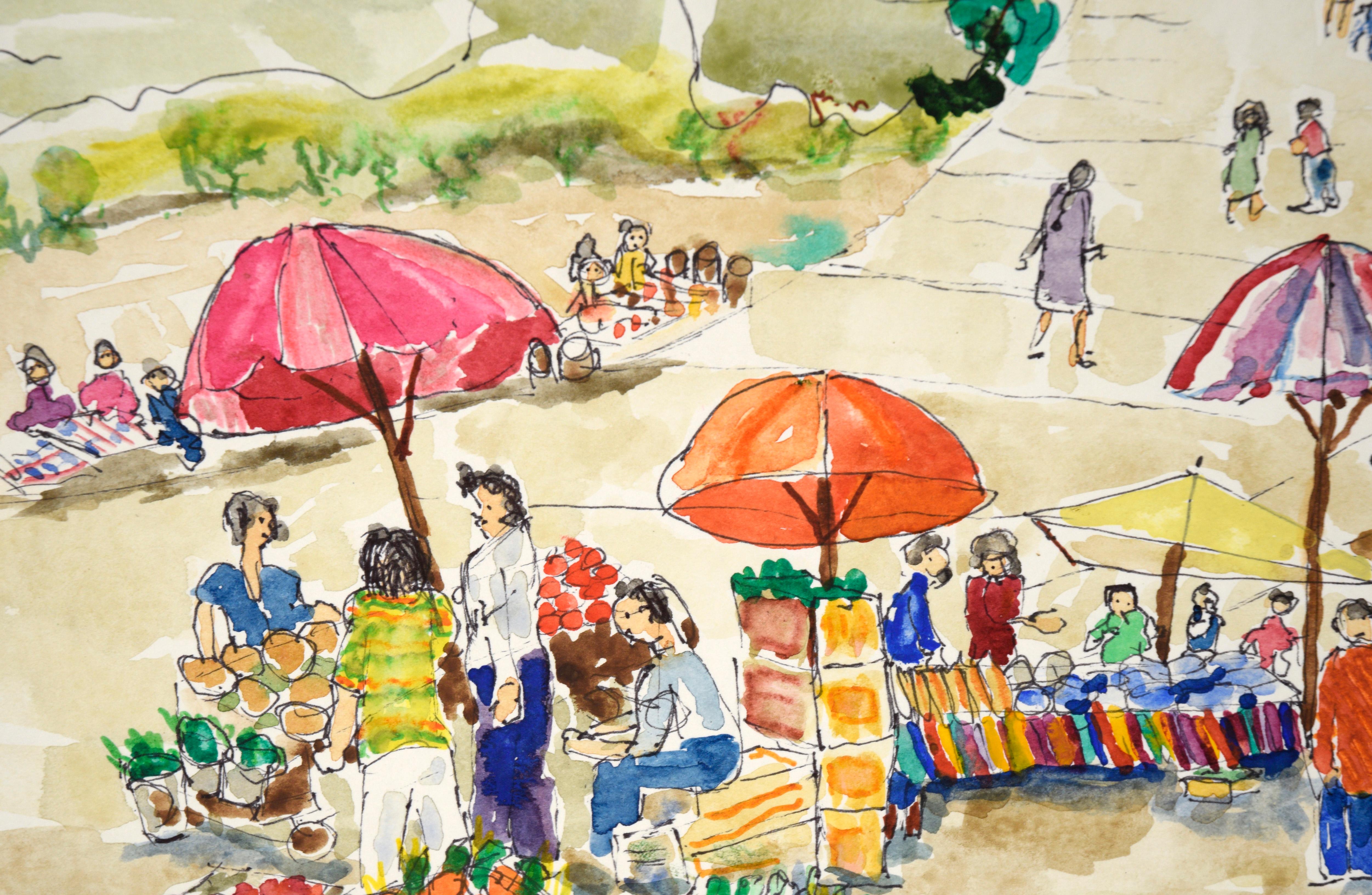 Farmer's Market - Aquarelle originale sur papier

Aquarelle originale d'un marché fermier au bord d'un chemin piétonnier par Ken L. Stephens (Américain. 20e siècle). Quelques personnes font leurs courses sur un marché. Il y a des piles de boîtes aux