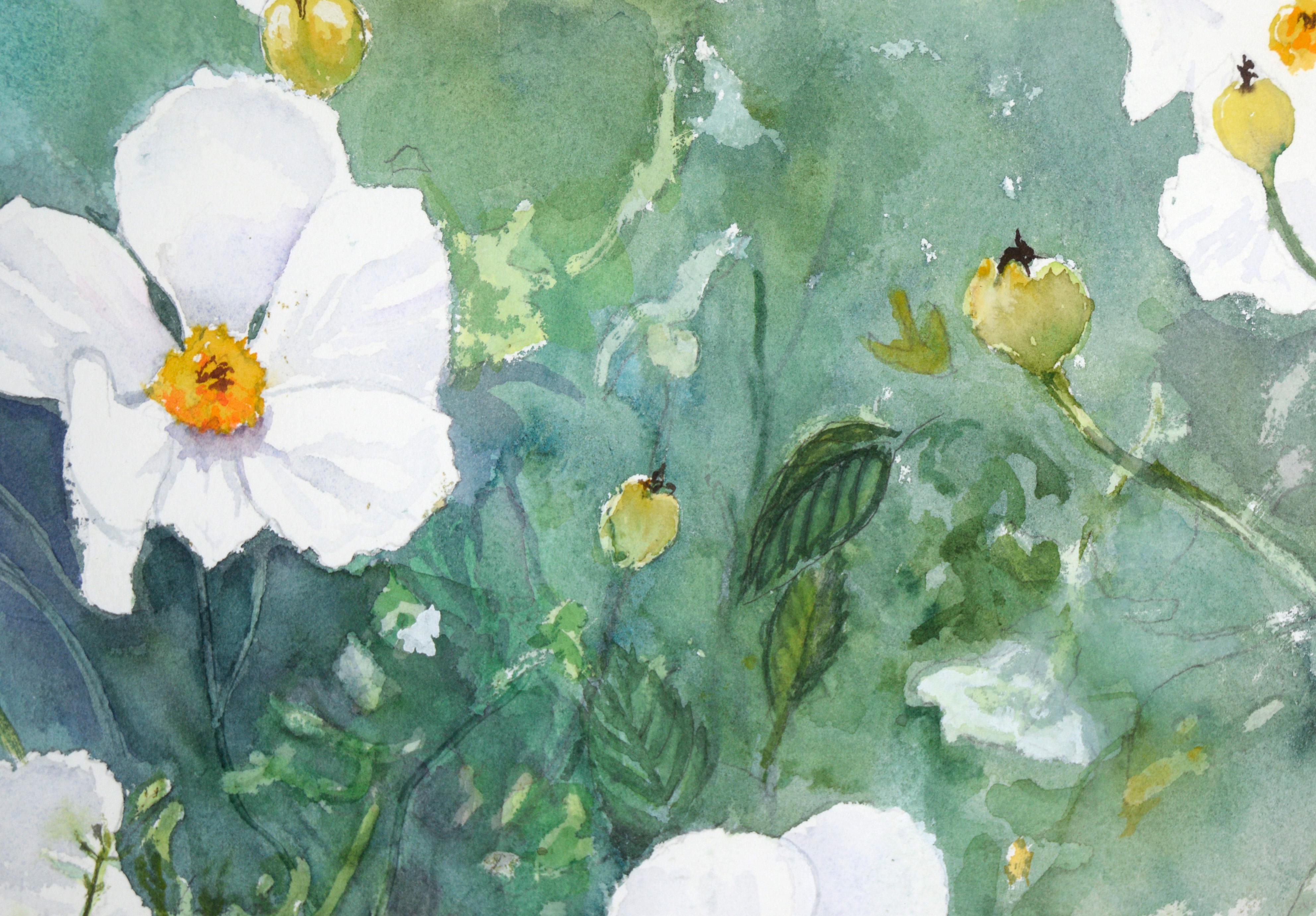 Coquelicots blancs - Aquarelle botanique sur papier - Gris Landscape Art par Harry Federico