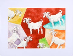Modernist Colorful Goats Abstract in Watercolor and Pastel on Paper