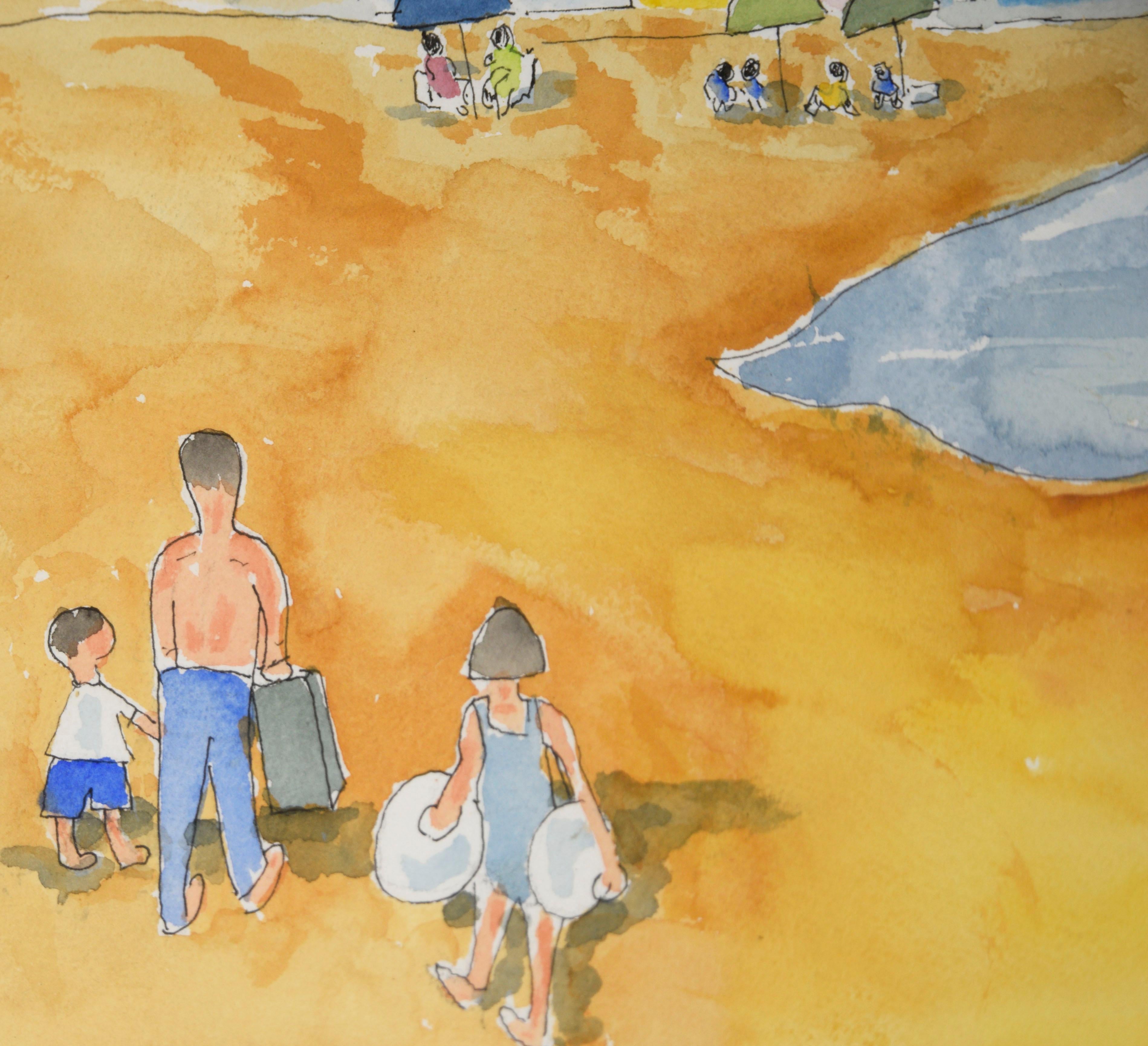 Capitola Beach, California - Aquarelle originale sur papier - Marron Landscape Art par Ken L Stephens