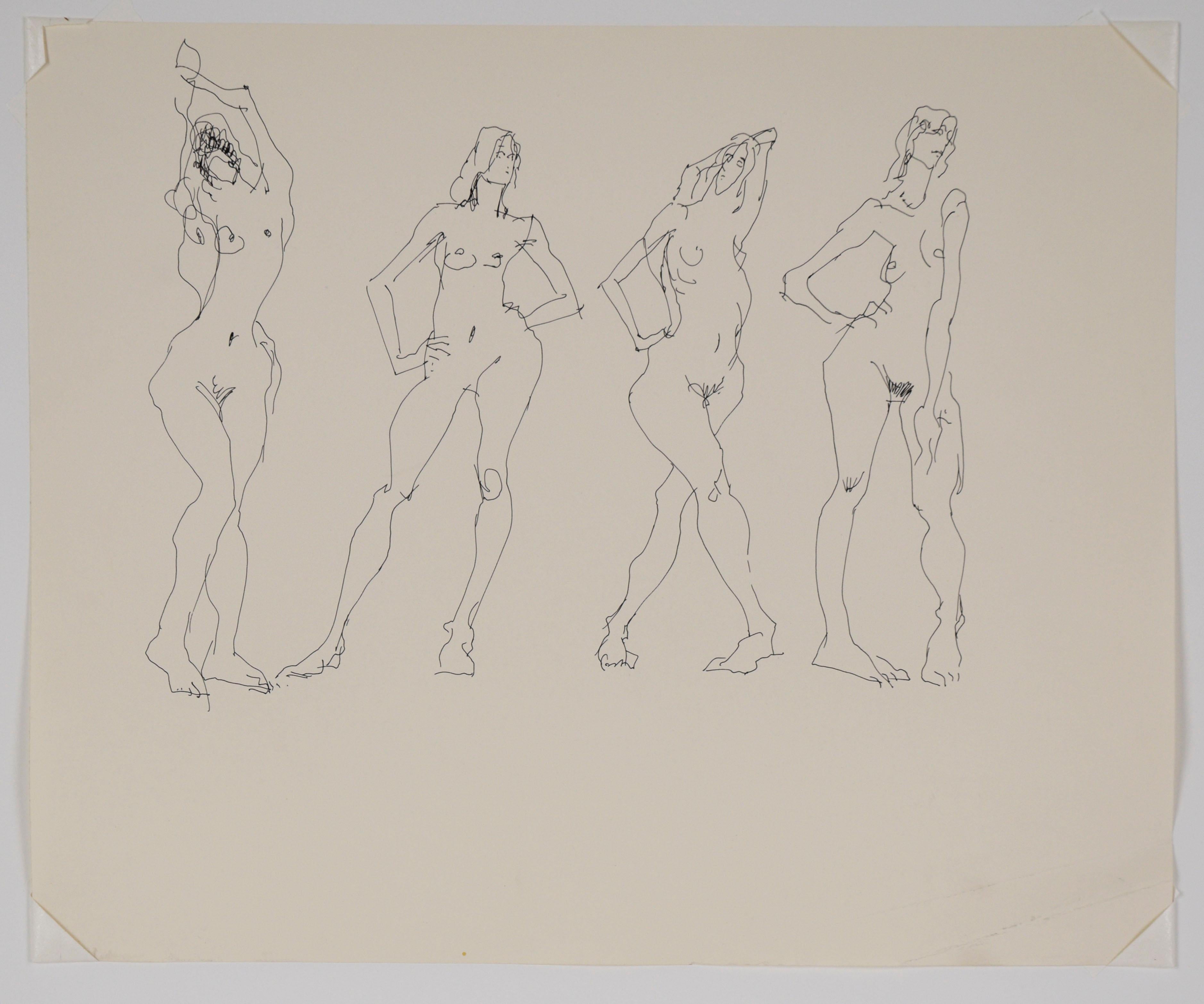 Quattro pose - Schizzo di studio originale di nudo figurativo su carta - Art di Unknown
