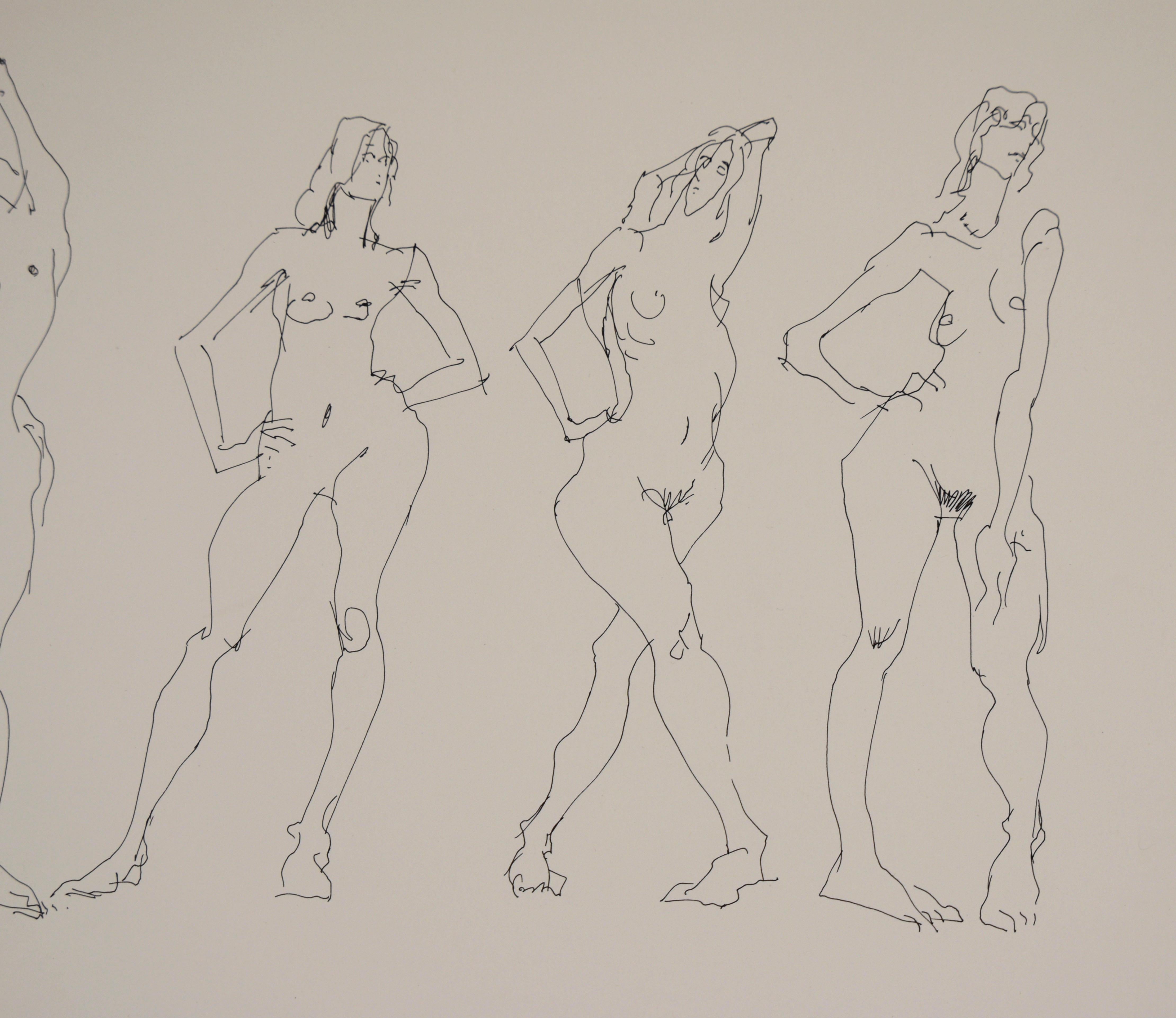 Quattro pose - Schizzo di studio originale di nudo figurativo su carta - Art Dopoguerra di Unknown