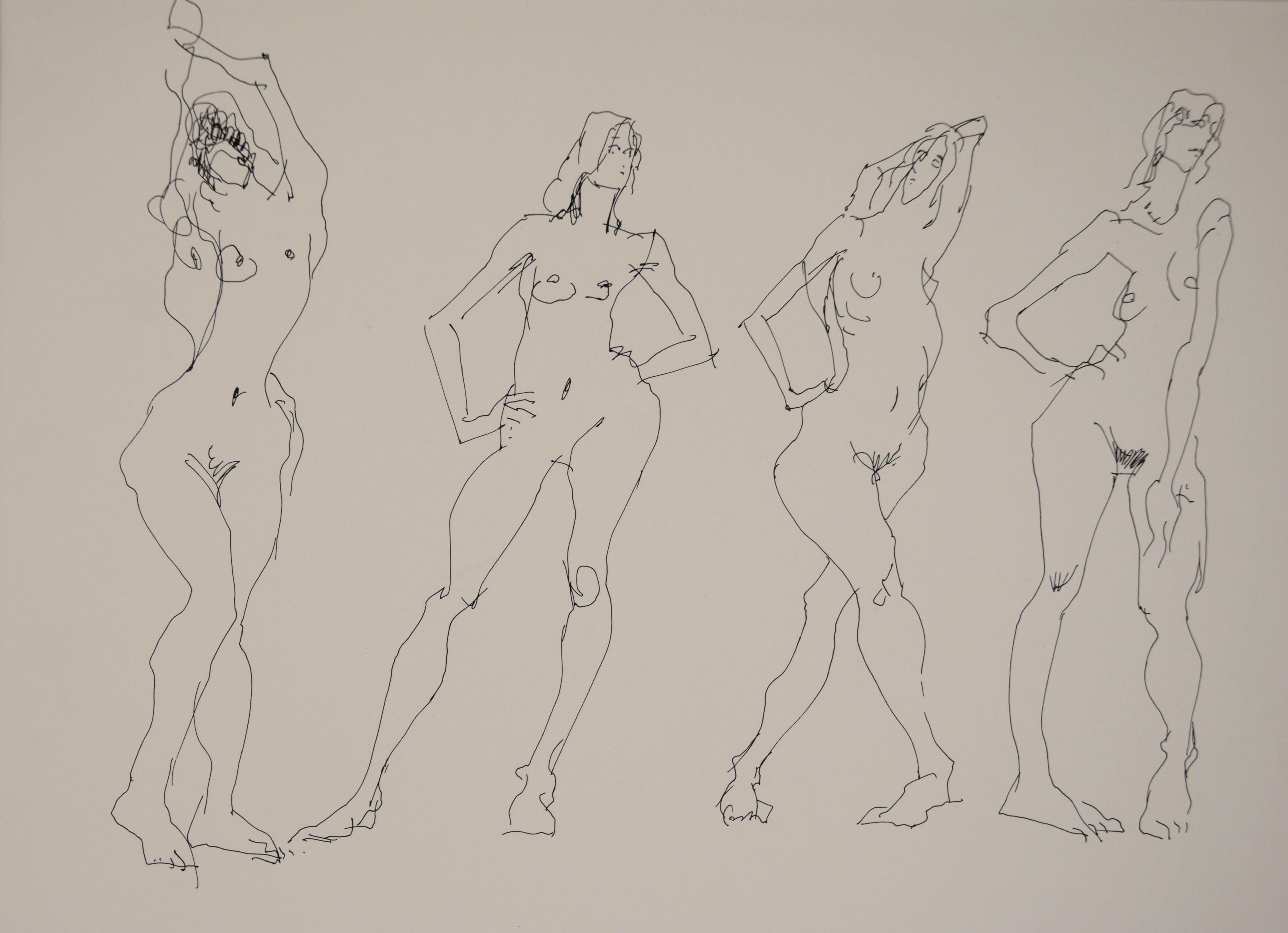 Quattro pose - Schizzo di studio originale di nudo figurativo su carta - Nude Grigio di Unknown