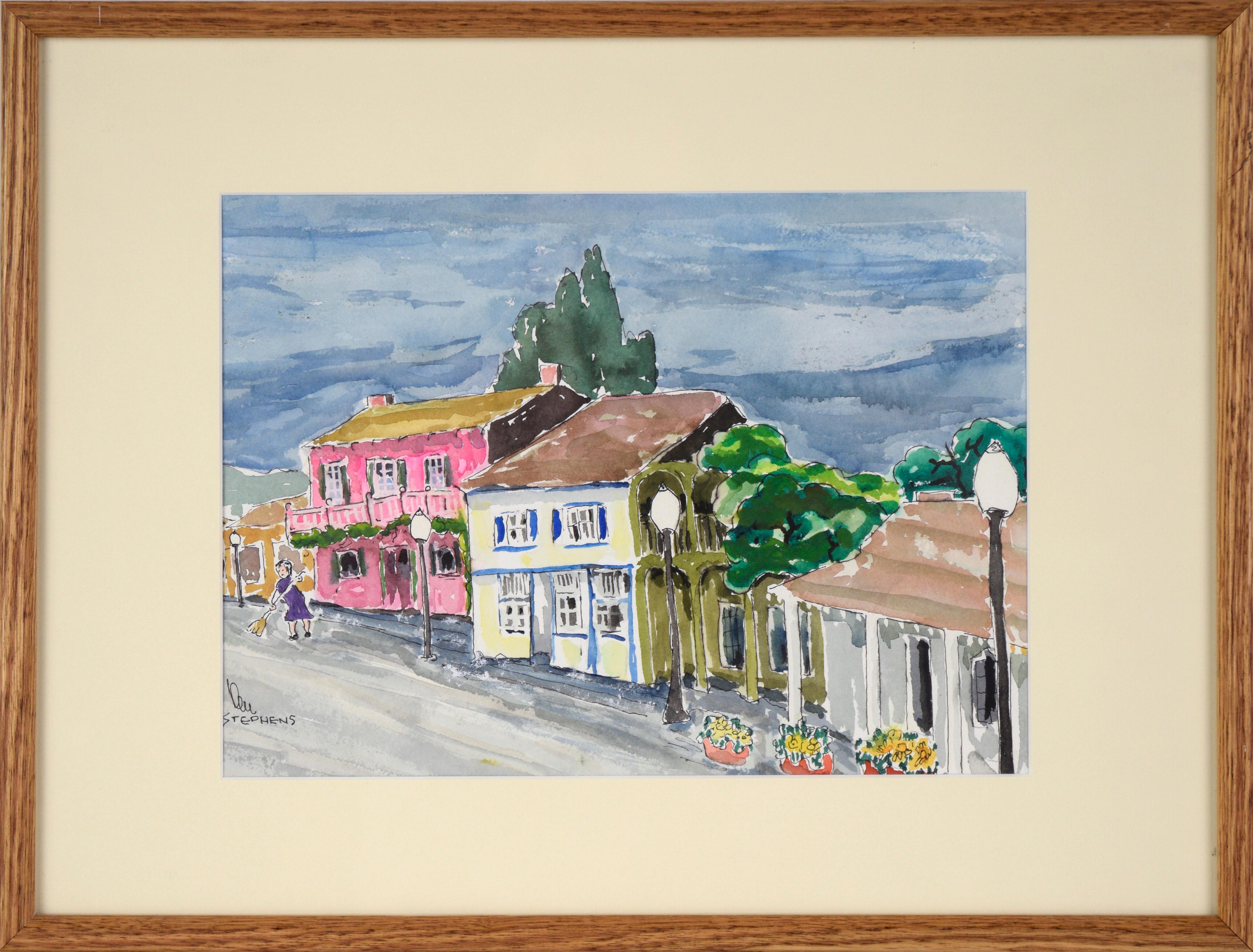 Shops in a Small Town - Aquarelle originale sur papier