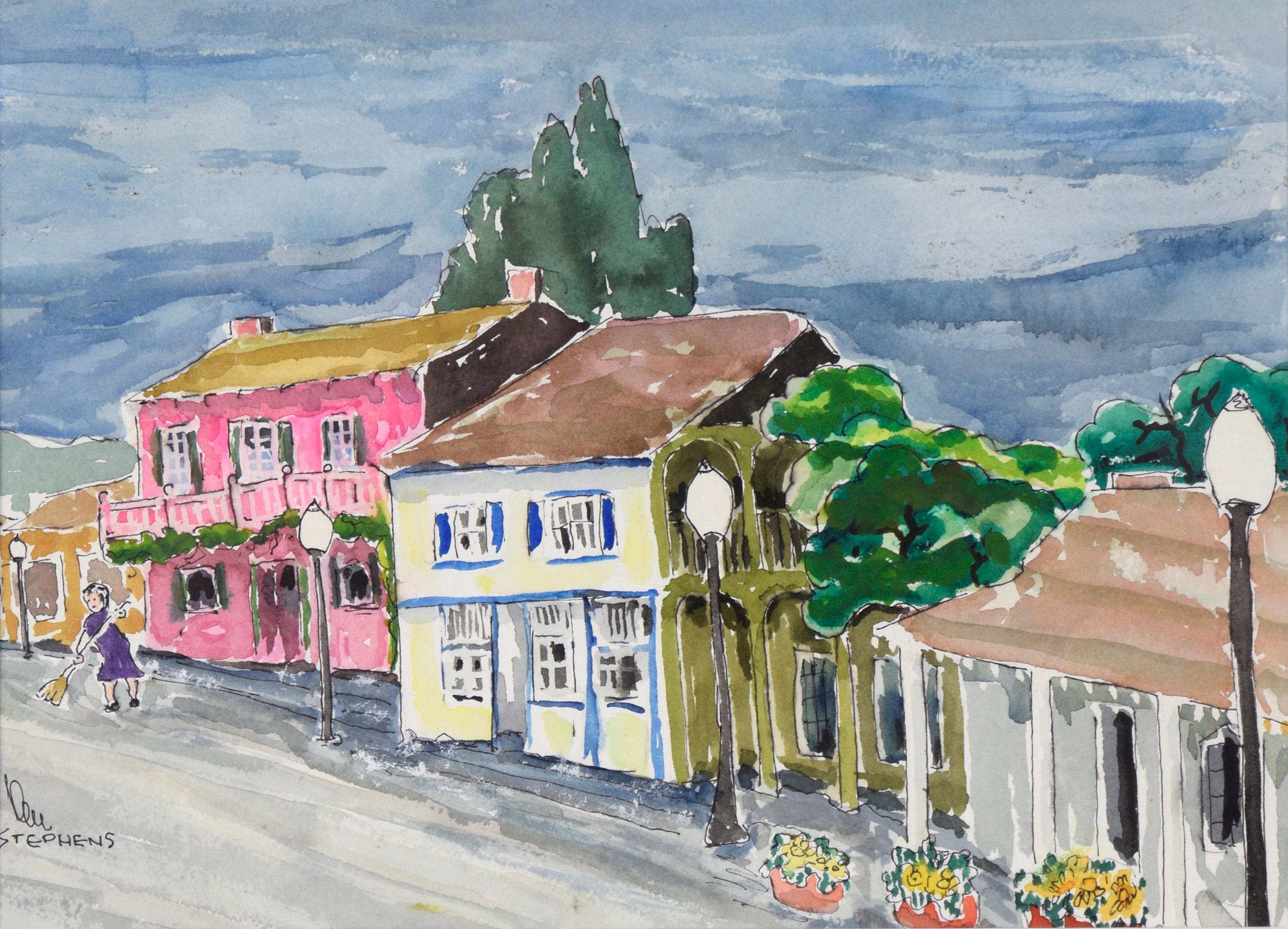 Shops in a Small Town - Aquarelle originale sur papier - Art de Ken L Stephens