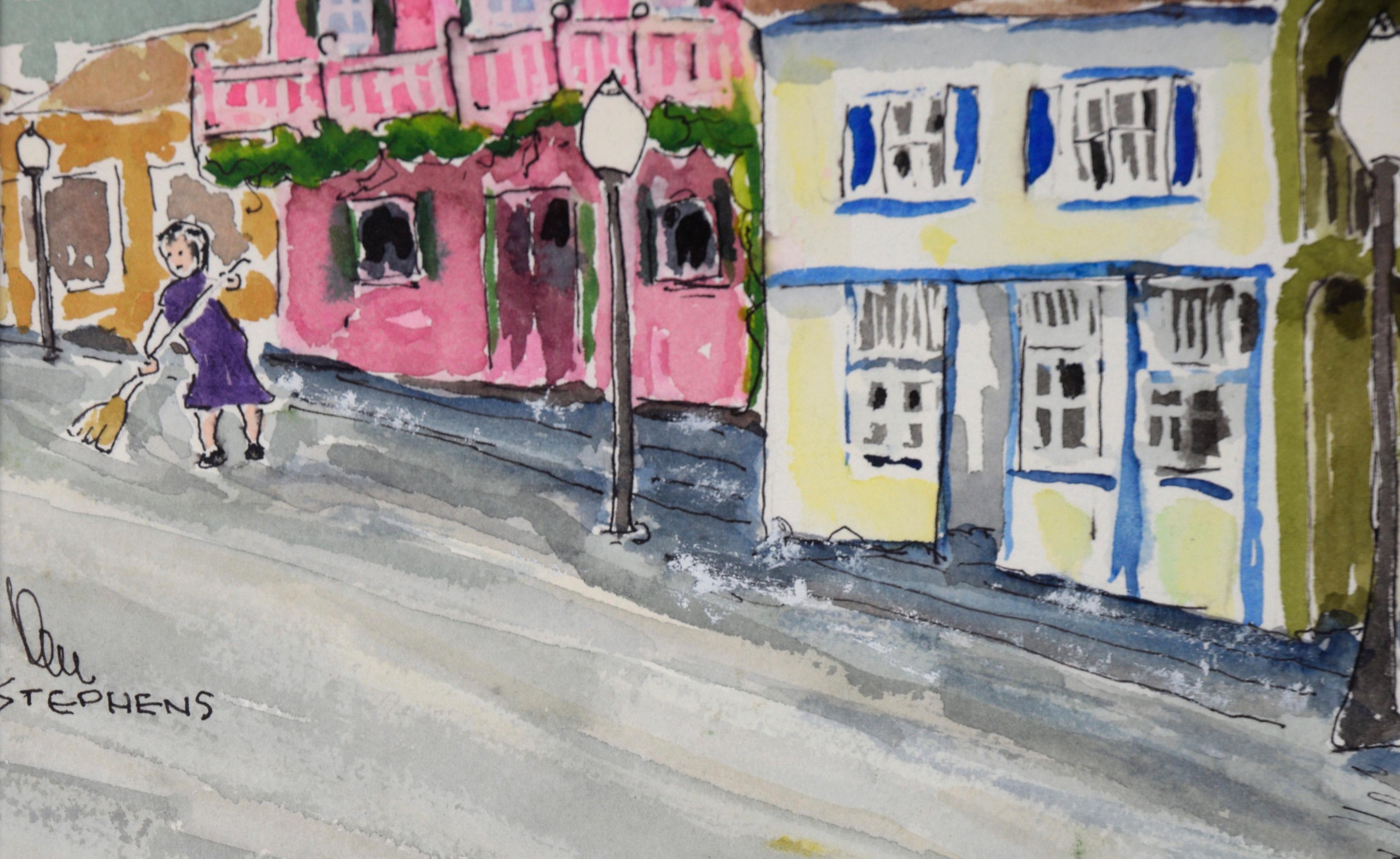 Shops in a Small Town - Aquarelle originale sur papier en vente 2