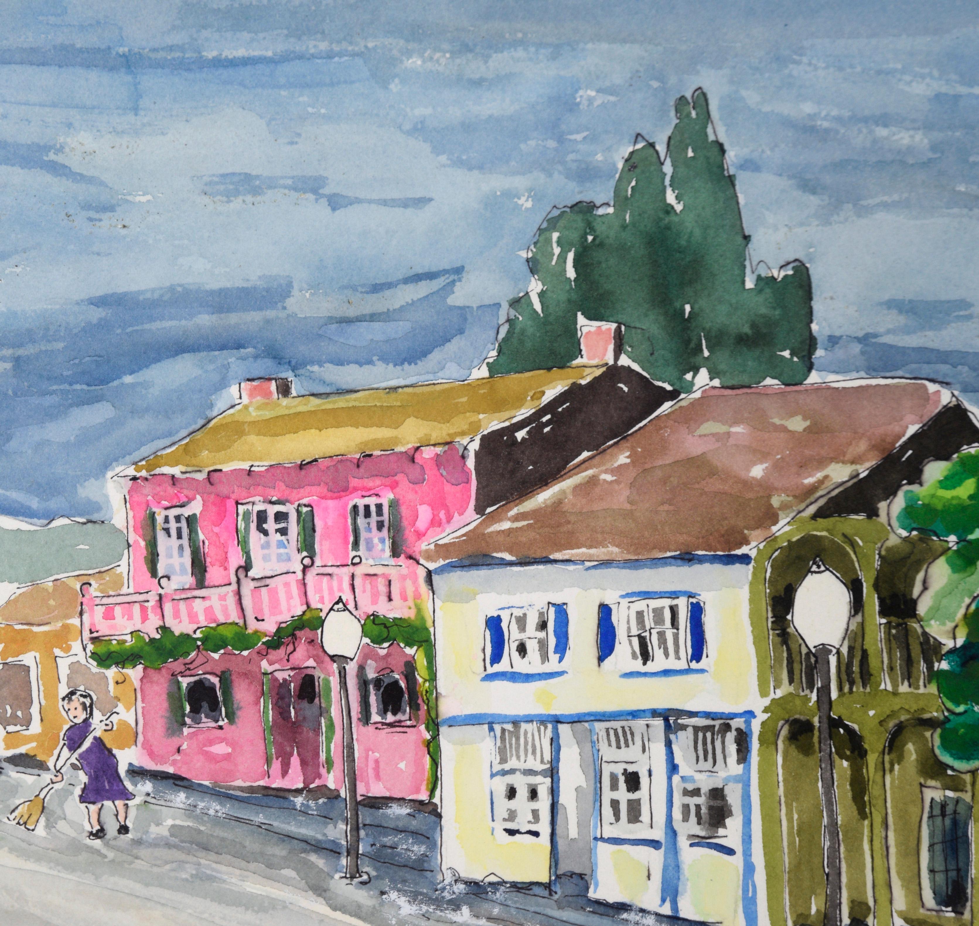 Shops in a Small Town - Aquarelle originale sur papier - Modernisme américain Art par Ken L Stephens