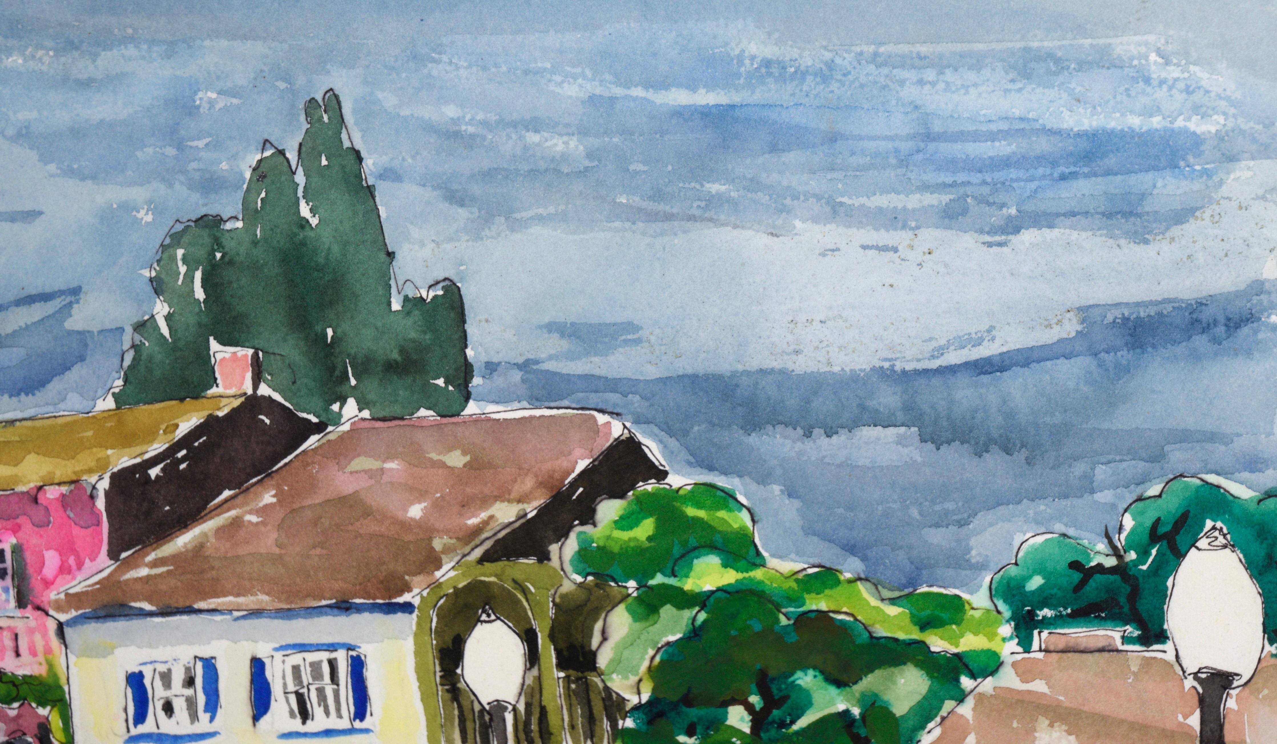Shops in a Small Town - Aquarelle originale sur papier - Beige Landscape Art par Ken L Stephens