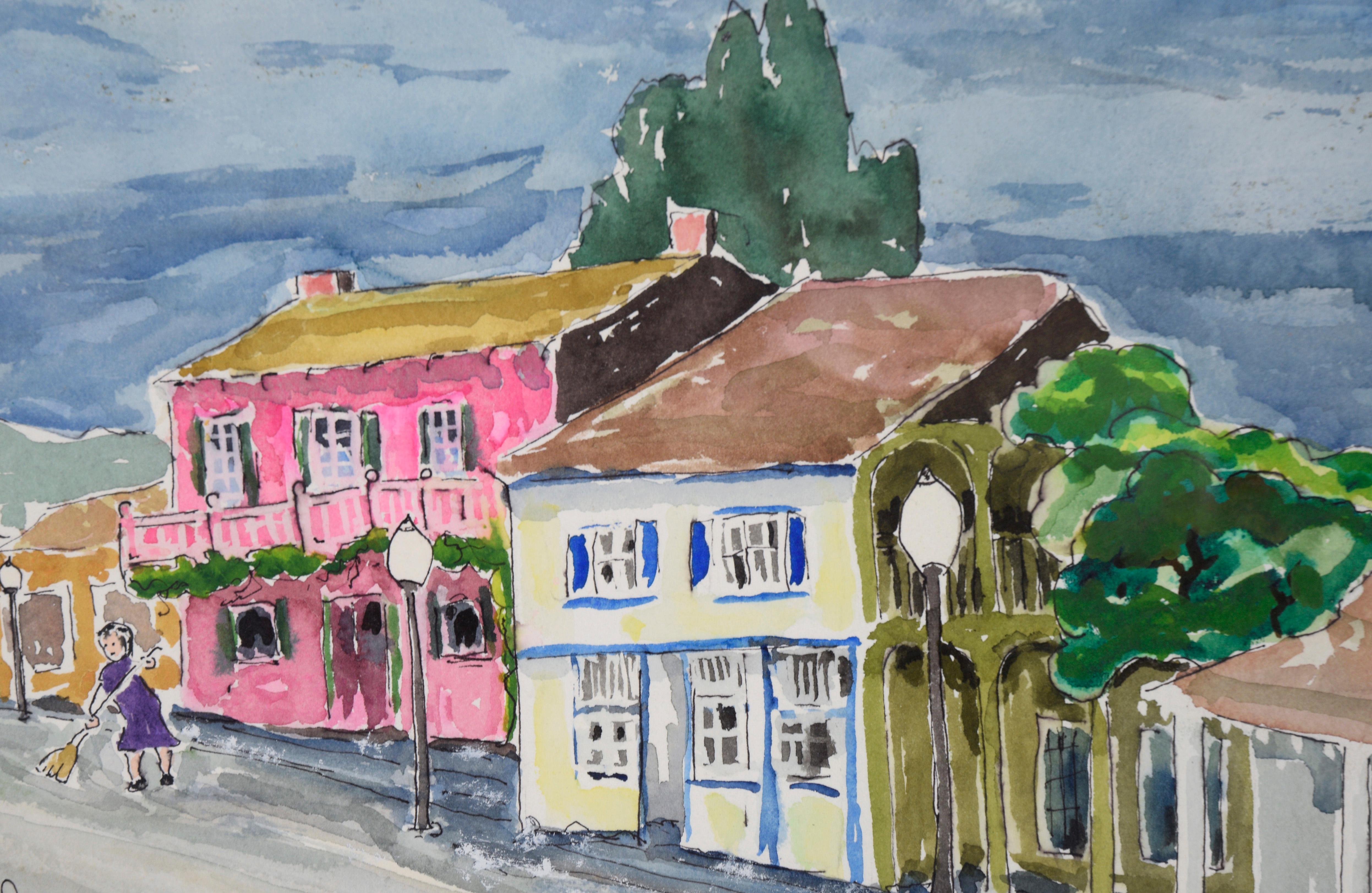 Shops in a Small Town - Aquarelle originale sur papier en vente 1