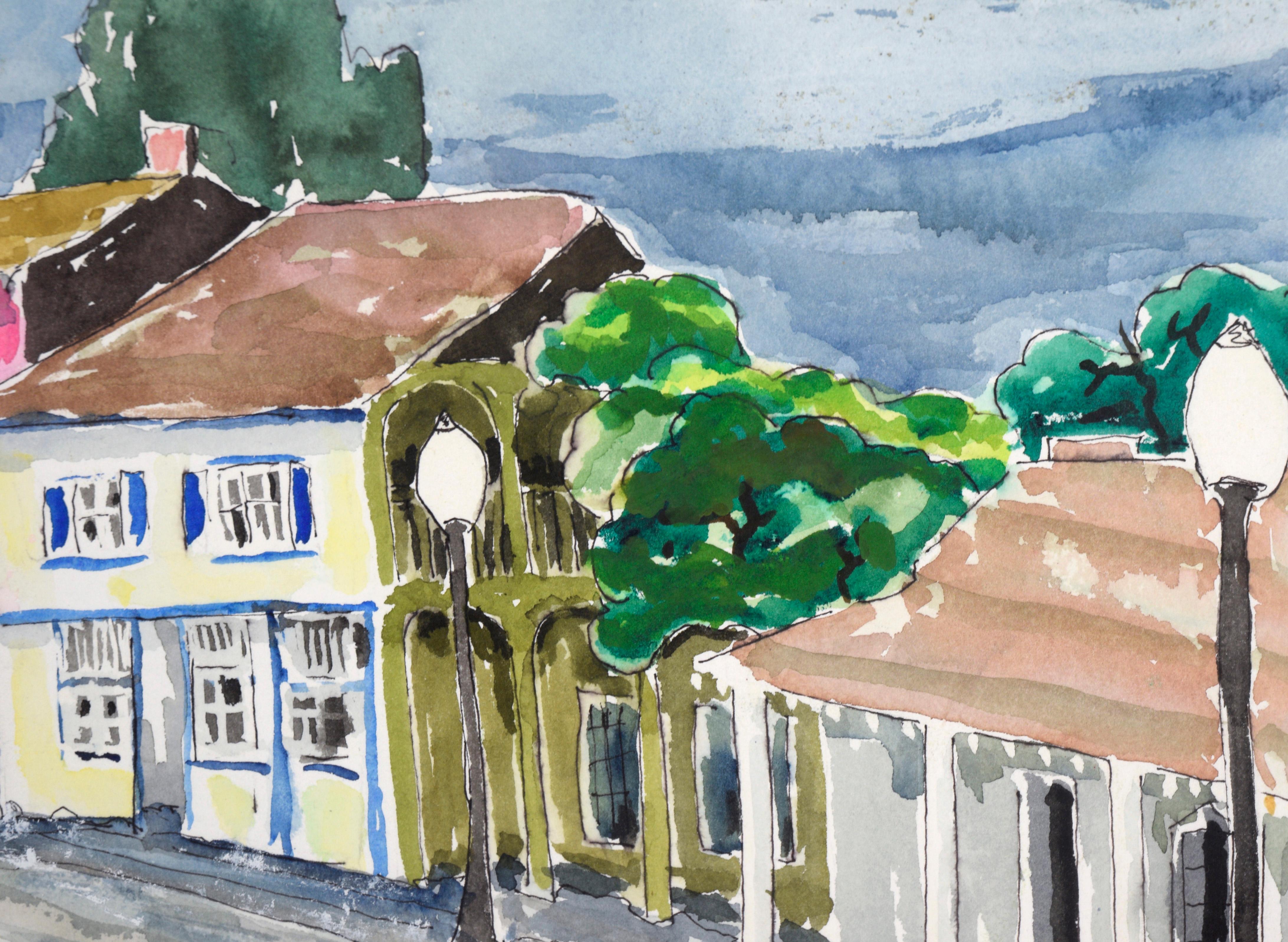 Shops in a Small Town - Aquarelle originale sur papier

Belle aquarelle représentant la rue principale d'une petite ville, réalisée par I.L.A. Stephens (Américain, 20e siècle). Il y a plusieurs bâtiments colorés, chacun avec un aspect distinct. Des
