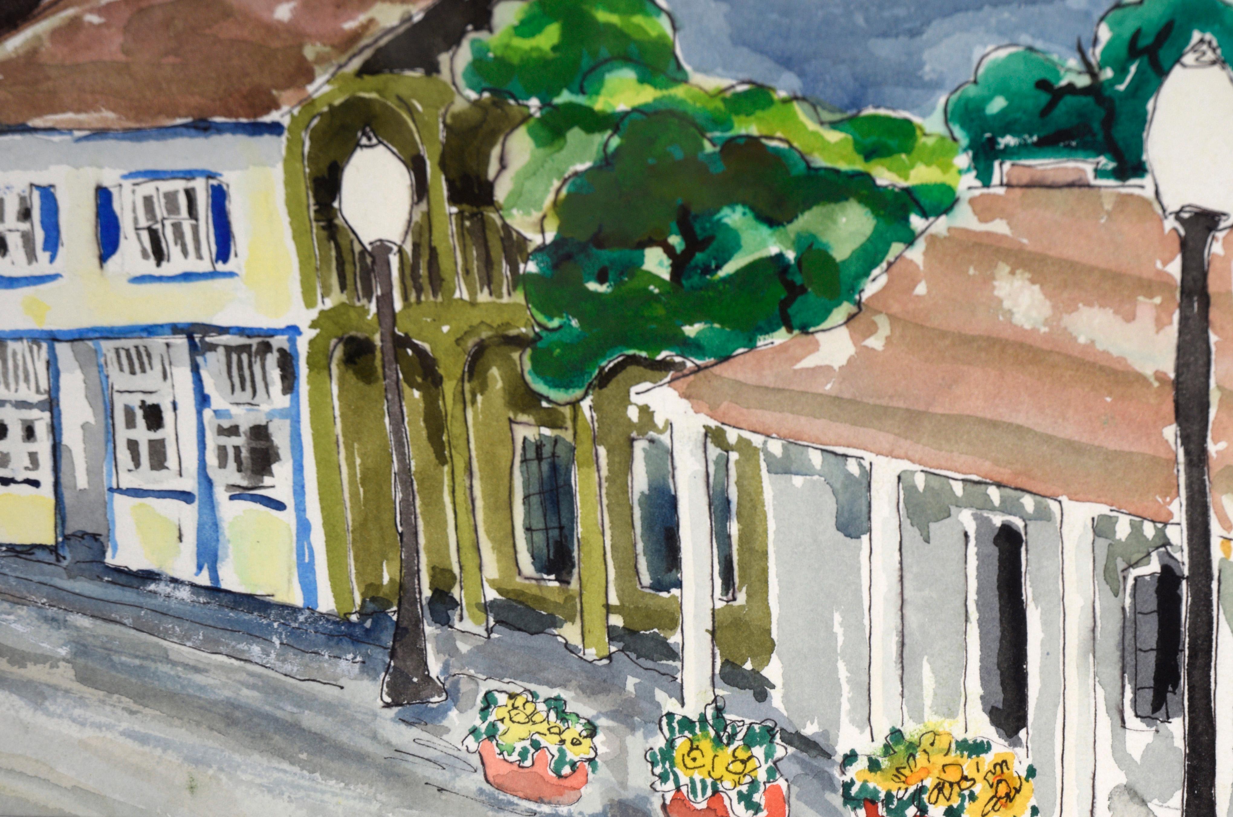 Shops in a Small Town - Aquarelle originale sur papier en vente 3