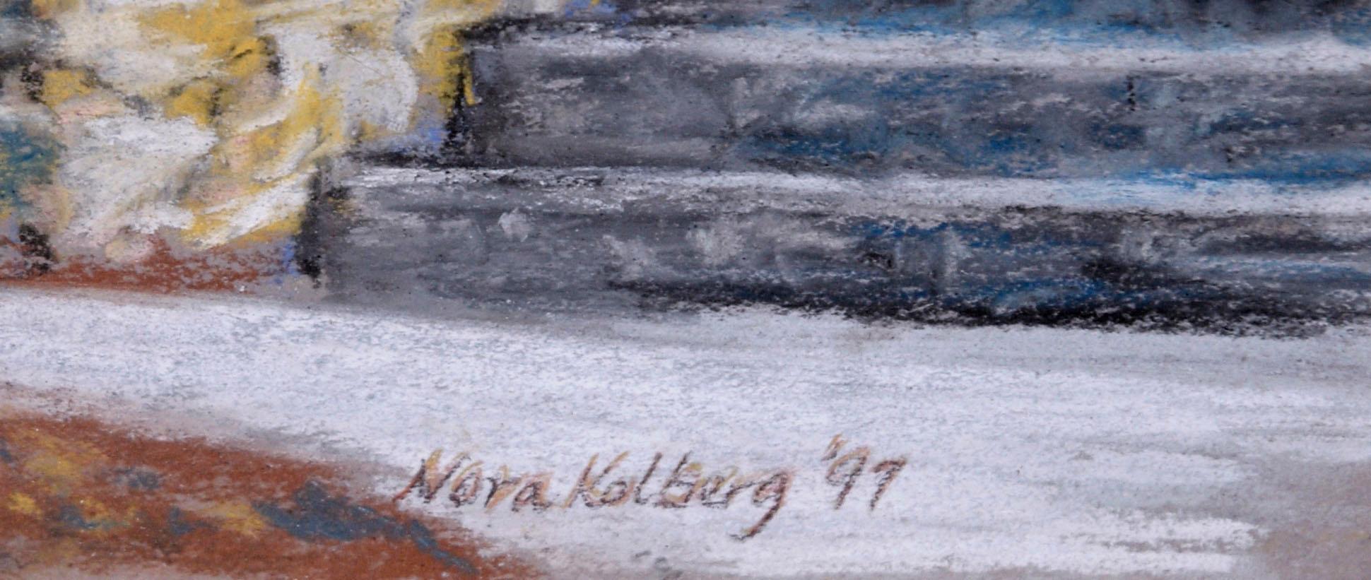 “Two Points of View” Original Pastel Drawing, c. 1997

This pastel drawing shows the artist’s command of perspective in landscape and architecture. An impressive lodge stands strong against a cool spectrum of blue and green hues with leafless trees,