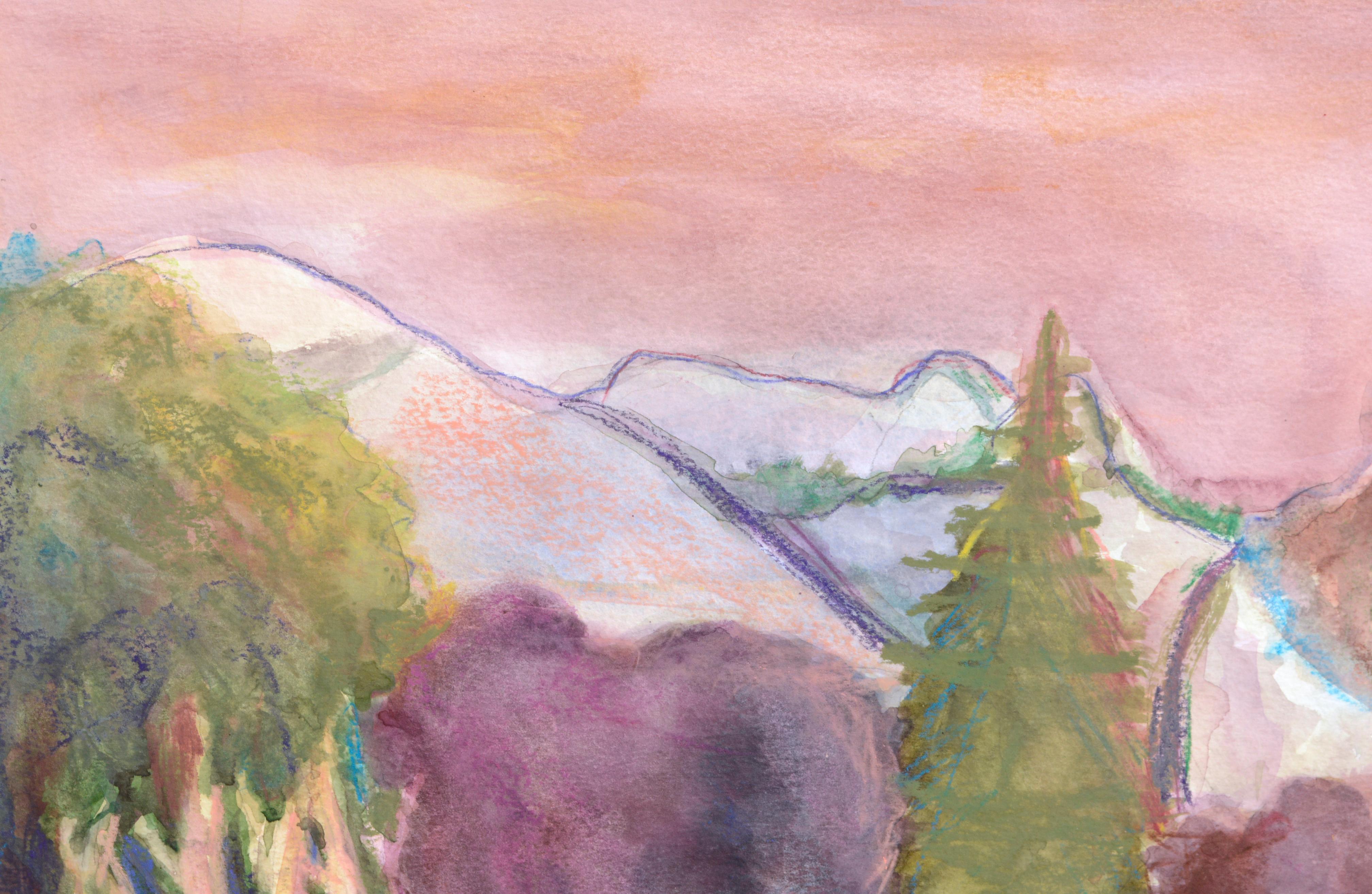 Luminoso paesaggio fauvista di Half Dome nel Parco Nazionale dello Yosemite, con un bellissimo uso del colore da parte di Karen Druker (americana, 1945). Firmato 