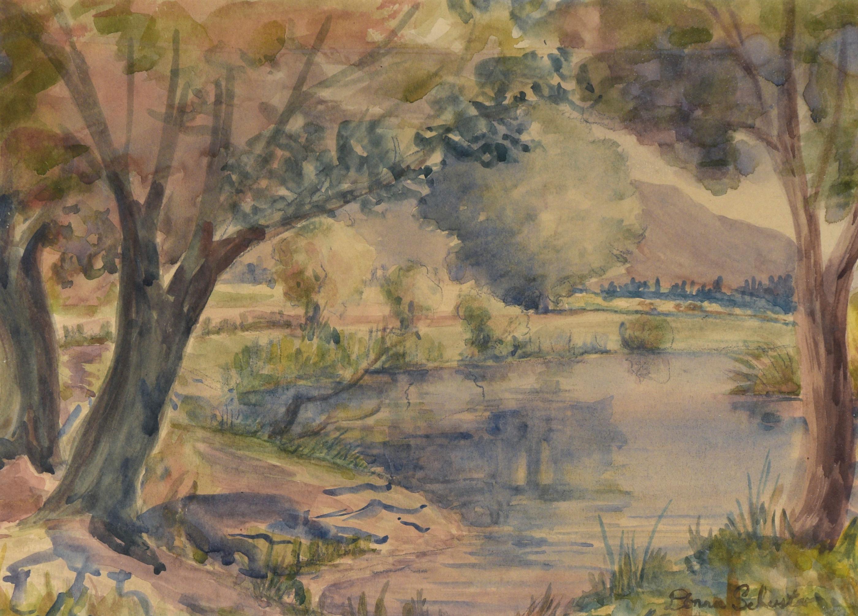 Aquarelle originale d'un paysage de lac en Californie sur papier - Art de Donna Schuster