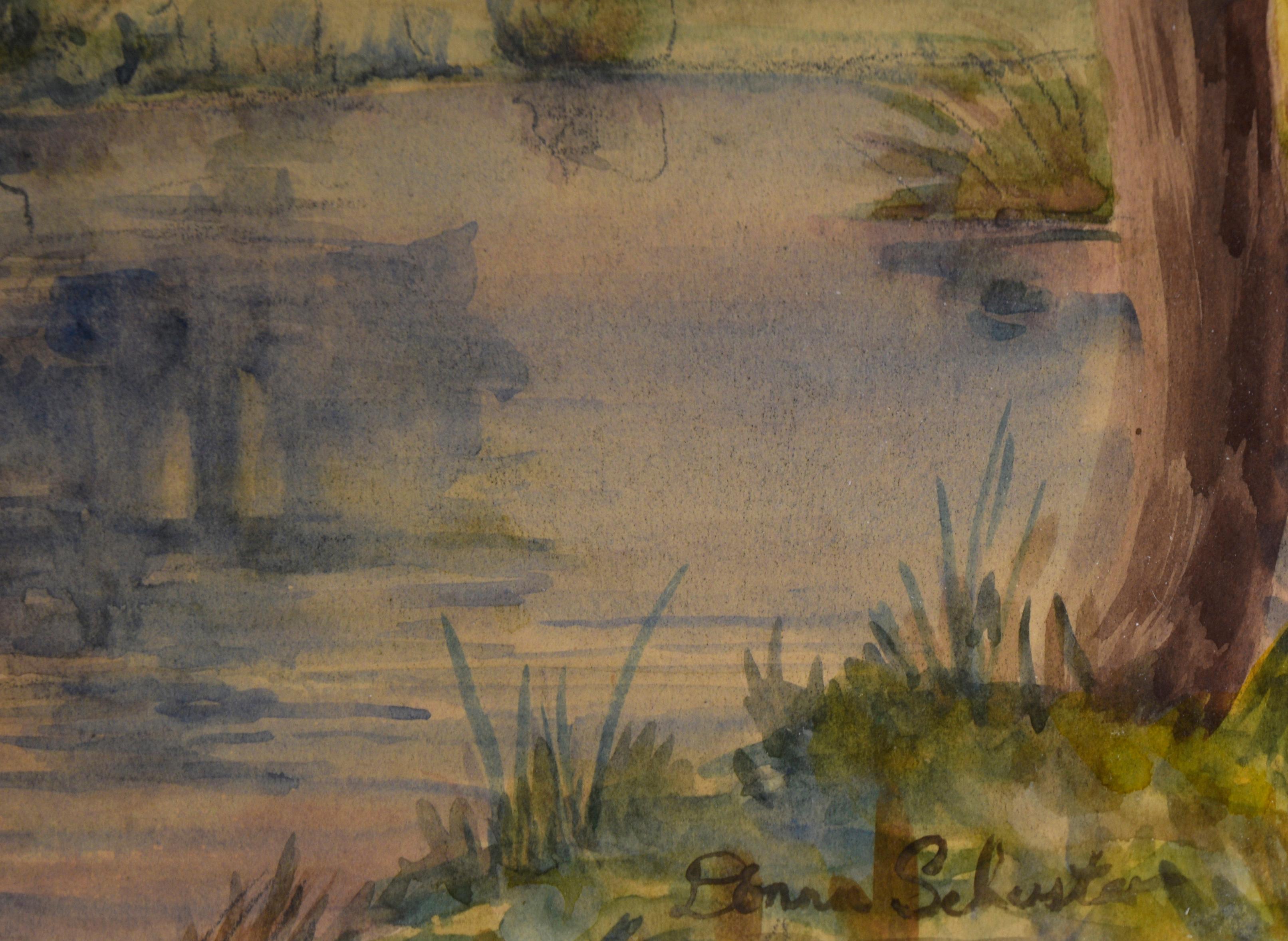Aquarelle originale d'un paysage de lac en Californie sur papier en vente 1