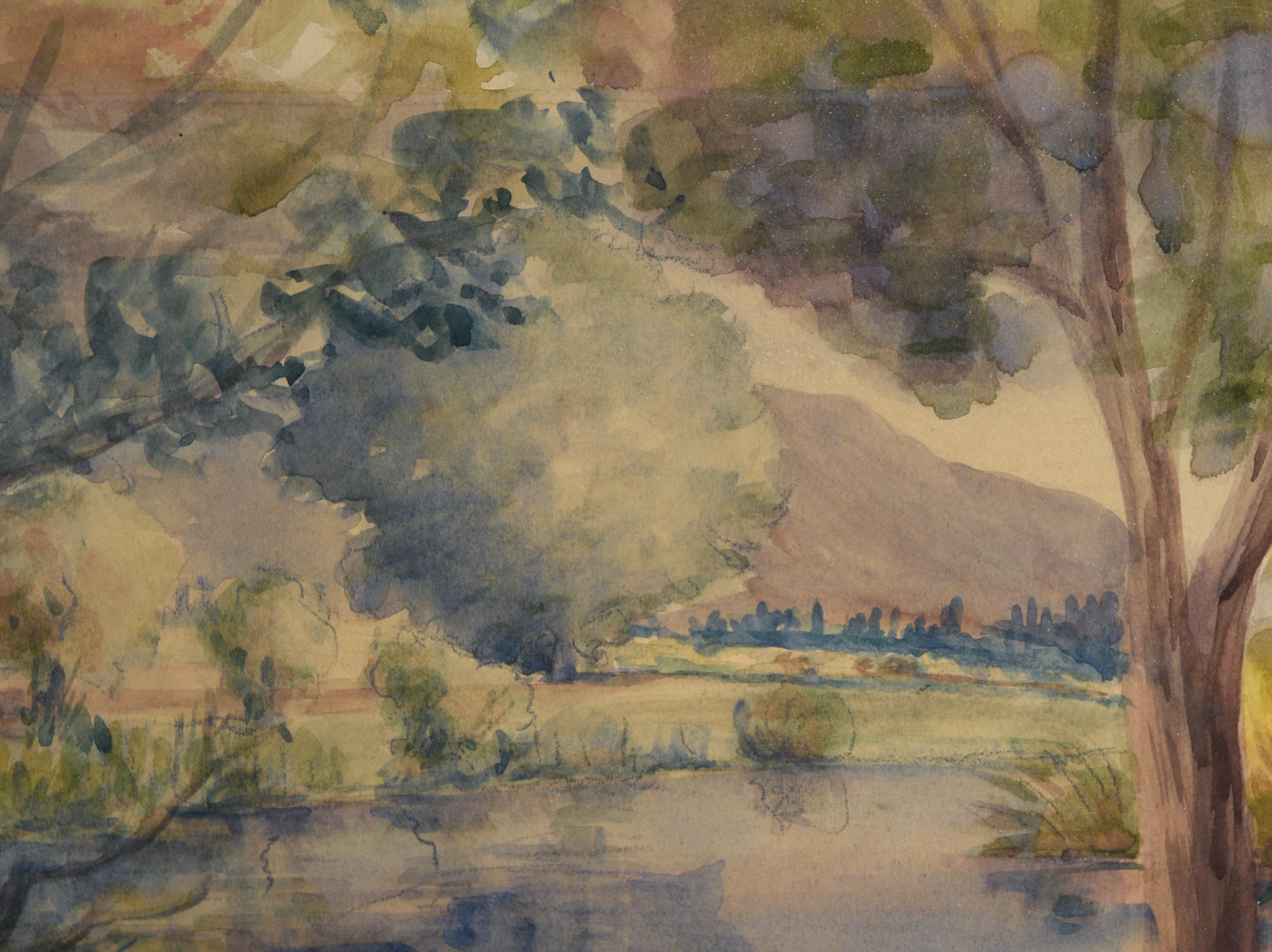 Aquarelle originale d'un paysage de lac en Californie sur papier - Marron Landscape Art par Donna Schuster
