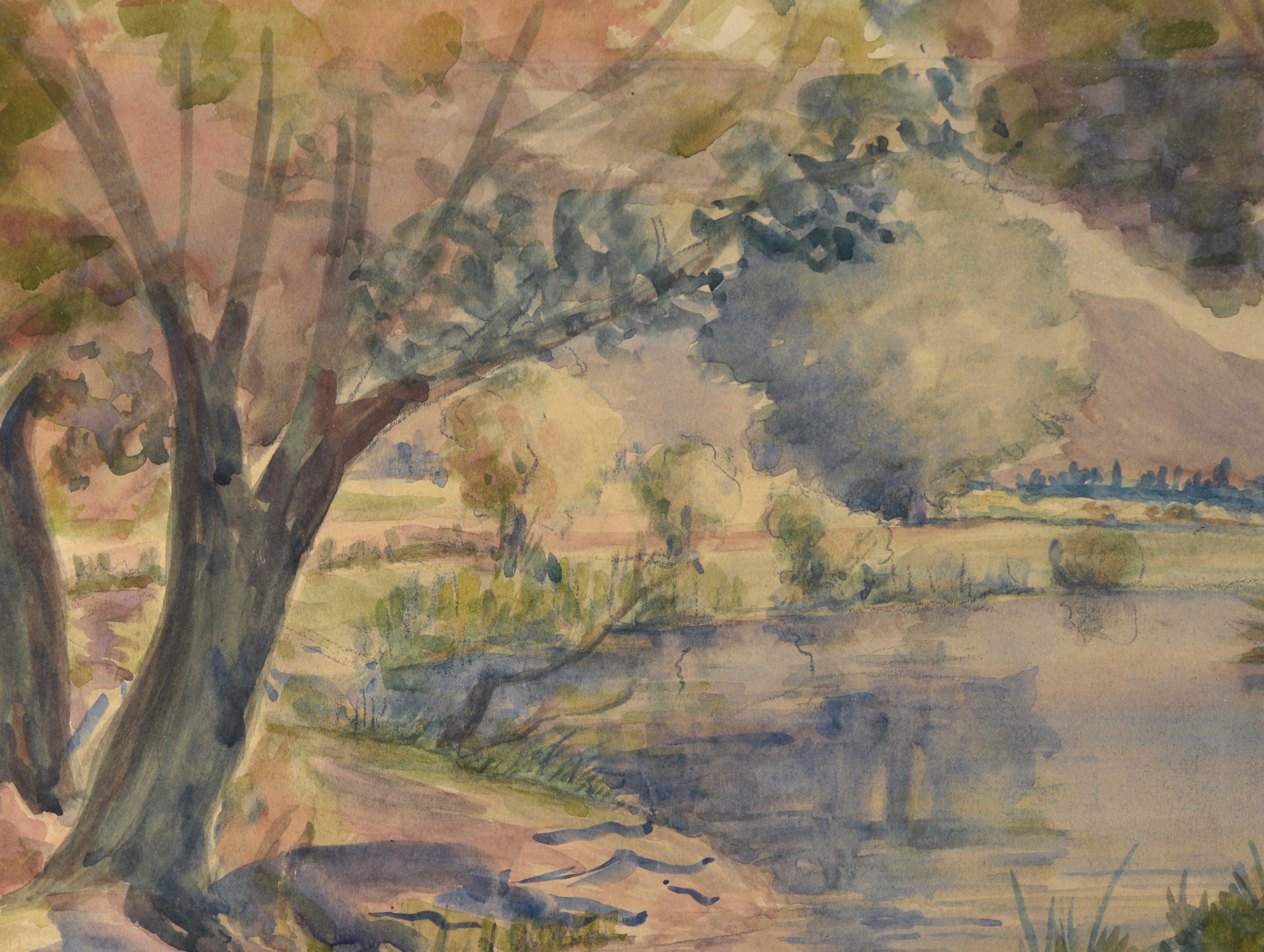 Aquarelle originale d'un paysage de lac en Californie sur papier - Modernisme américain Art par Donna Schuster
