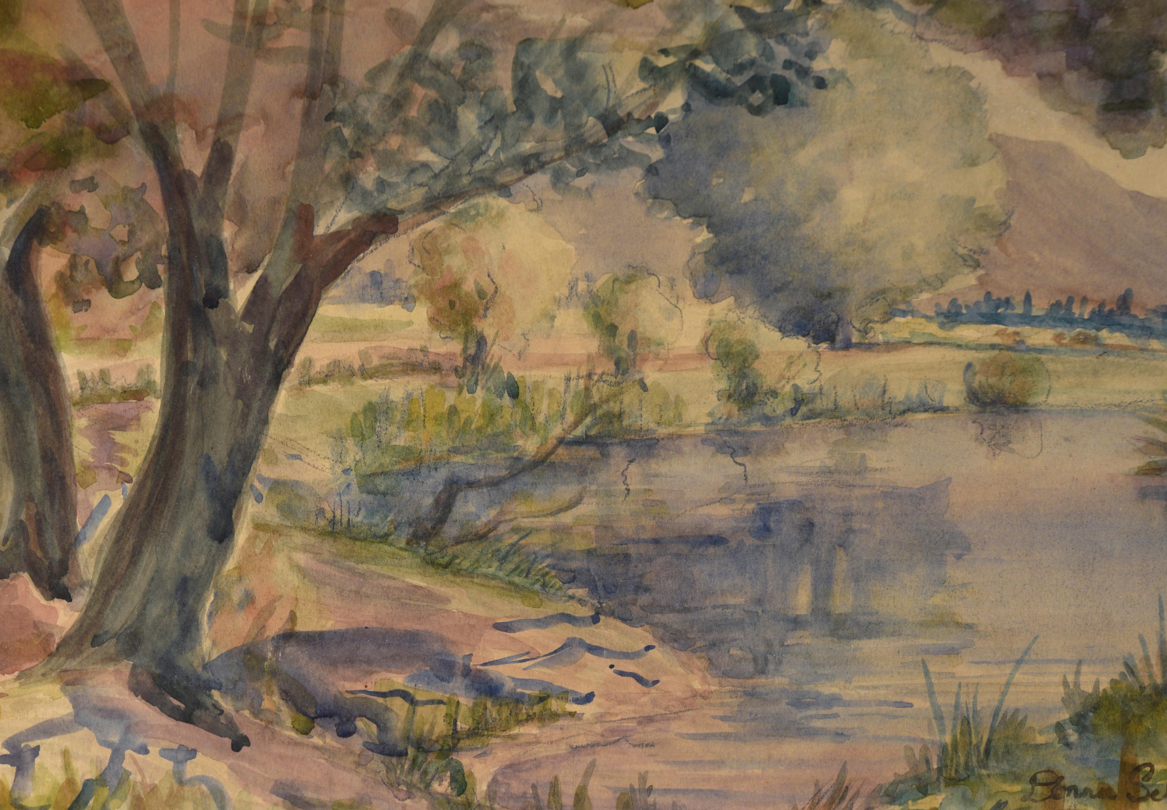 Paysage de lac californien en aquarelle sur papier

Paysage serein de Donna N. Schuster (américaine, 1883-1953). Le spectateur se trouve au bord d'un lac, sous quelques arbres. De l'autre côté du lac, il y a d'autres arbres et arbustes, ainsi qu'une