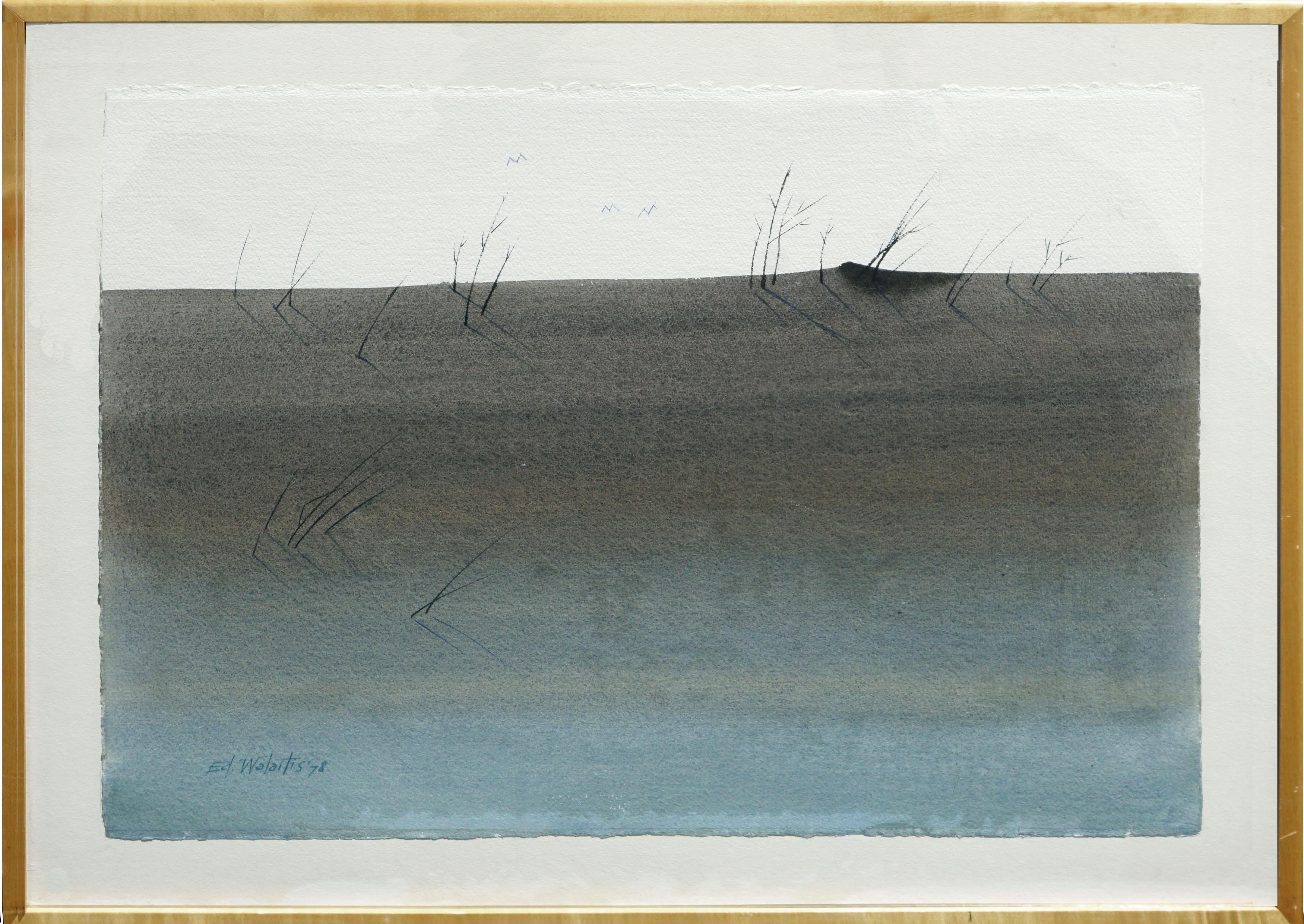 Minimalistische Sandhügel-Landschaft in Aquarell auf Büttenpapier, Vintage