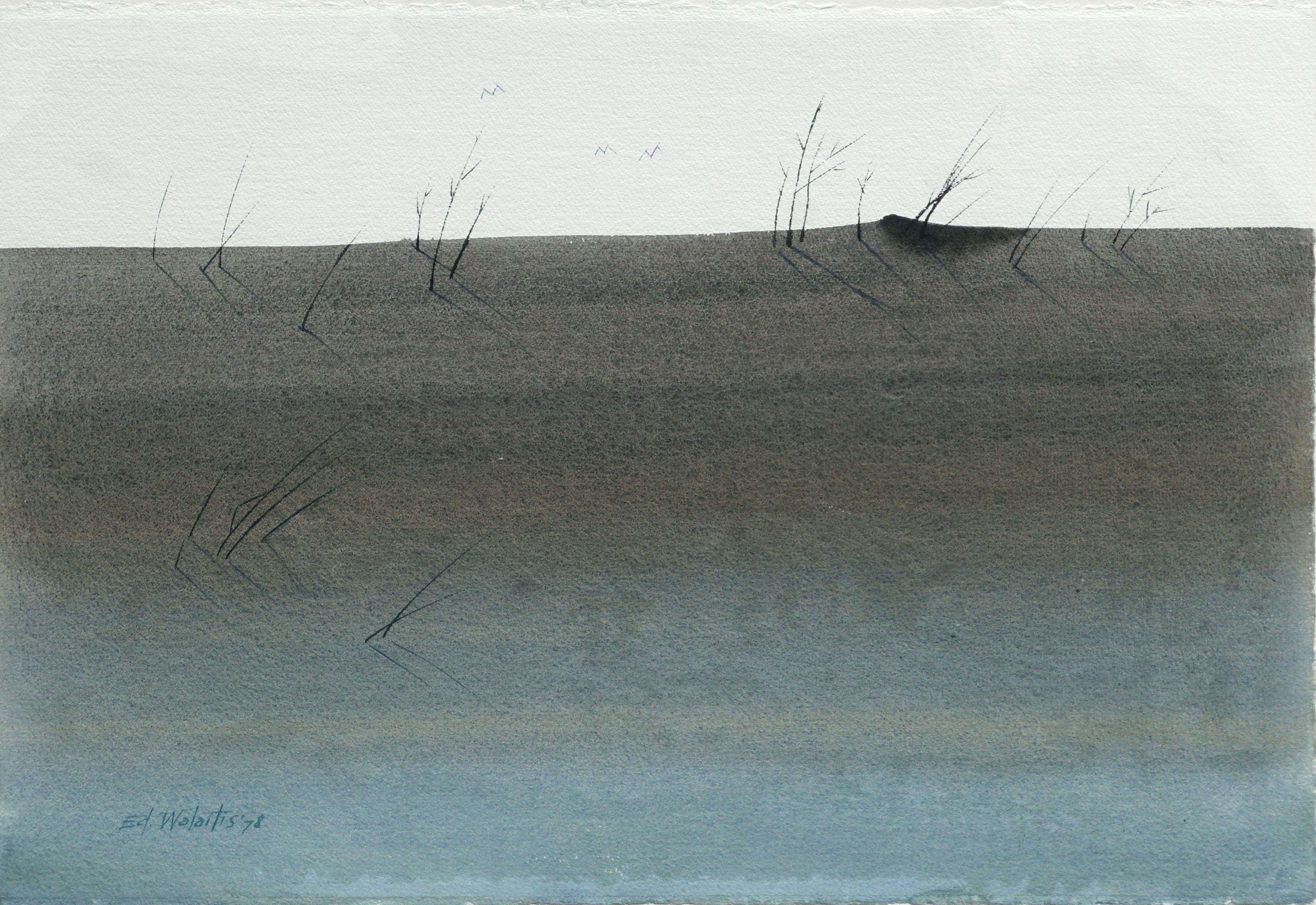 Paesaggio minimalista dune di sabbia d'epoca in acquerello su carta vergata - Art di Edward Walaitis