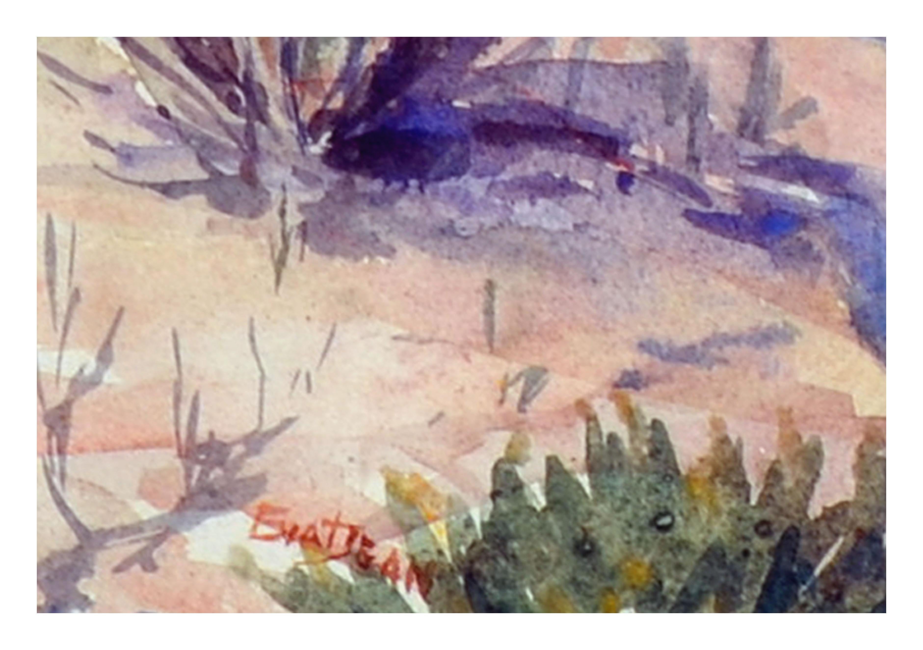 Bellissima strada di montagna dai toni vivaci, un paesaggio dipinto ad acquerello da Eva Ellen Dean (americana, 1871-1954). Presentato in una cornice di legno. Firmato 