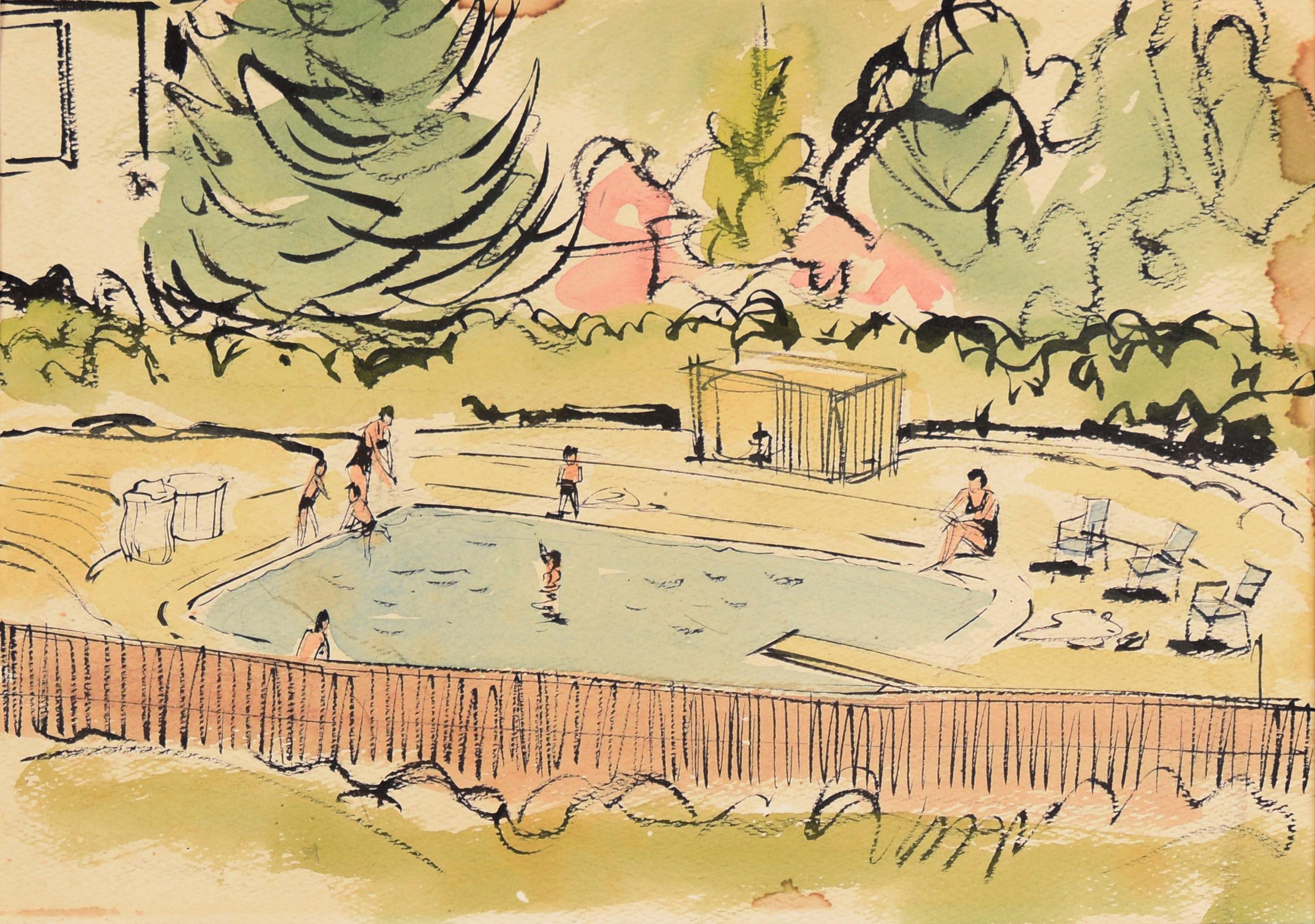 At the Pool - Illustration in Aquarell und Tusche auf Papier aus der Mitte des Jahrhunderts – Art von Unknown