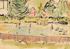 At the Pool - Mid Century Illustration in Watercolor and India Ink on Paper