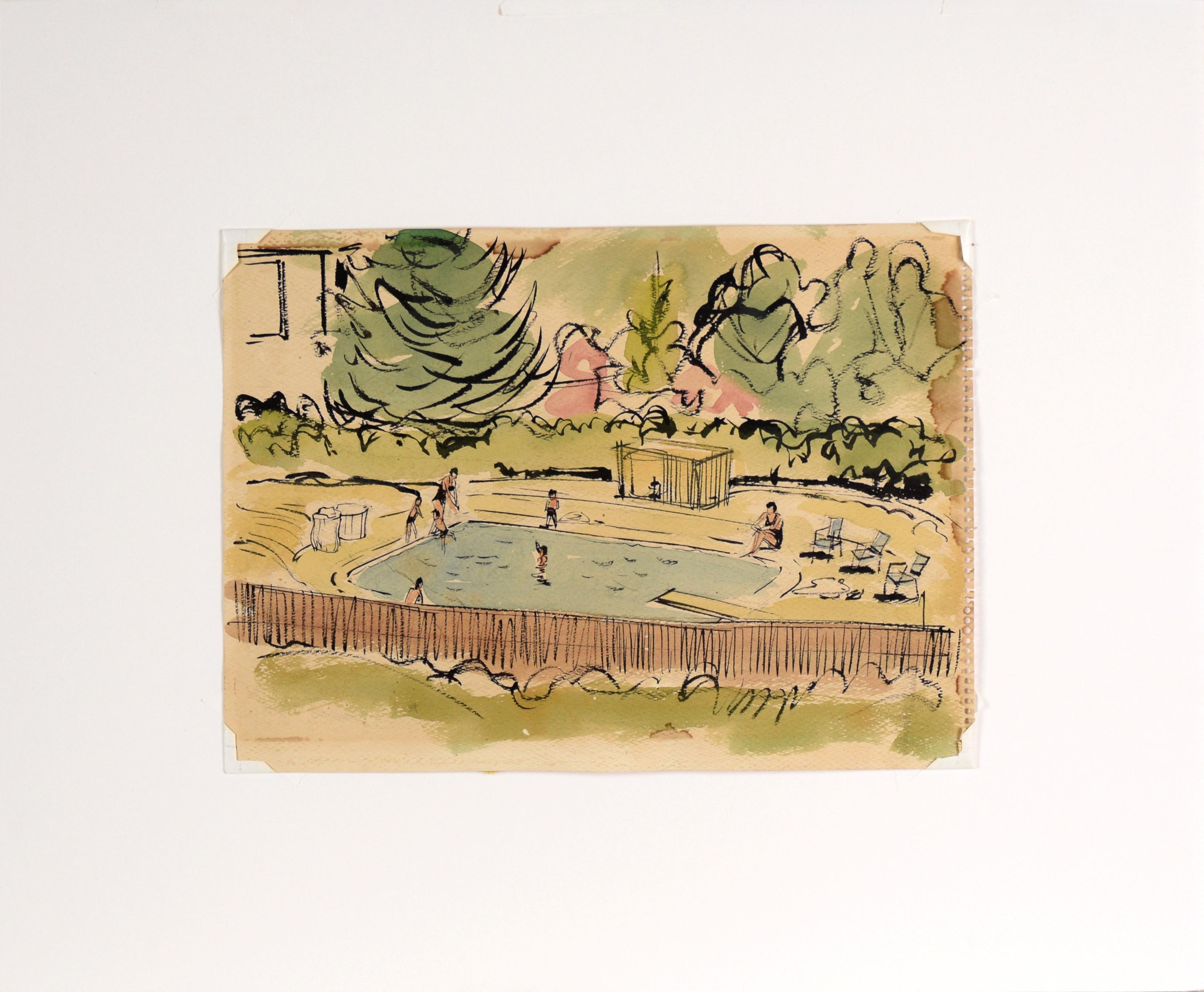 At the Pool - Illustration in Aquarell und Tusche auf Papier aus der Mitte des Jahrhunderts im Angebot 2