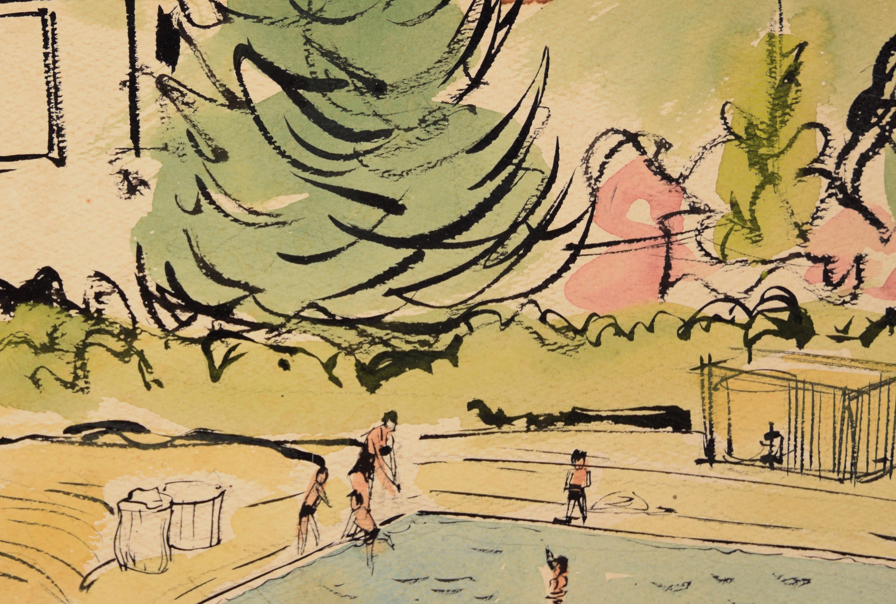 At the Pool - Illustration in Aquarell und Tusche auf Papier aus der Mitte des Jahrhunderts (Amerikanische Moderne), Art, von Unknown