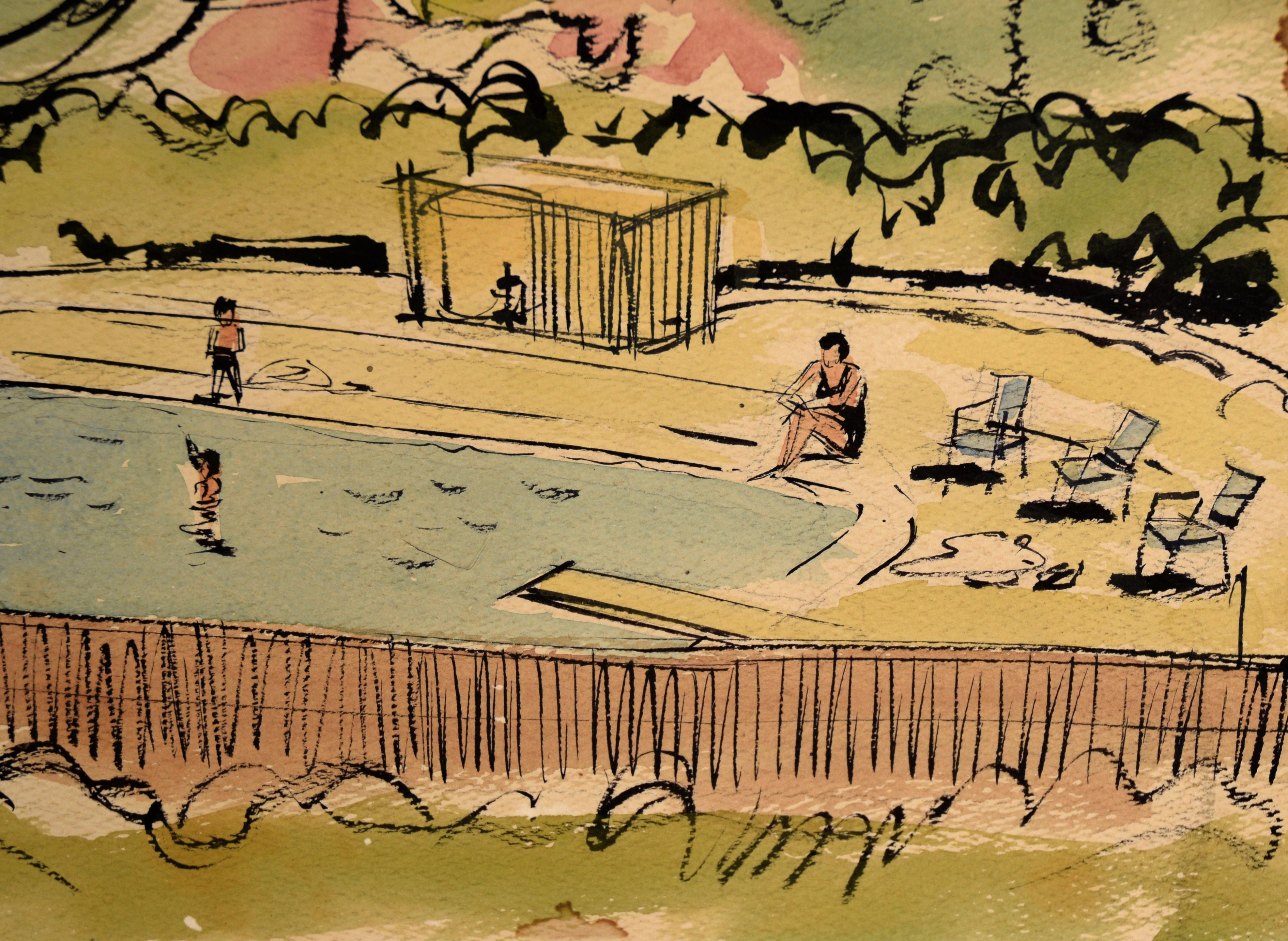 At the Pool - Illustration in Aquarell und Tusche auf Papier aus der Mitte des Jahrhunderts

Schönes Aquarell eines sonnigen Tages in einem öffentlichen Schwimmbad von einem unbekannten Künstler (20. Jahrhundert). Die Leute schwimmen und faulenzen