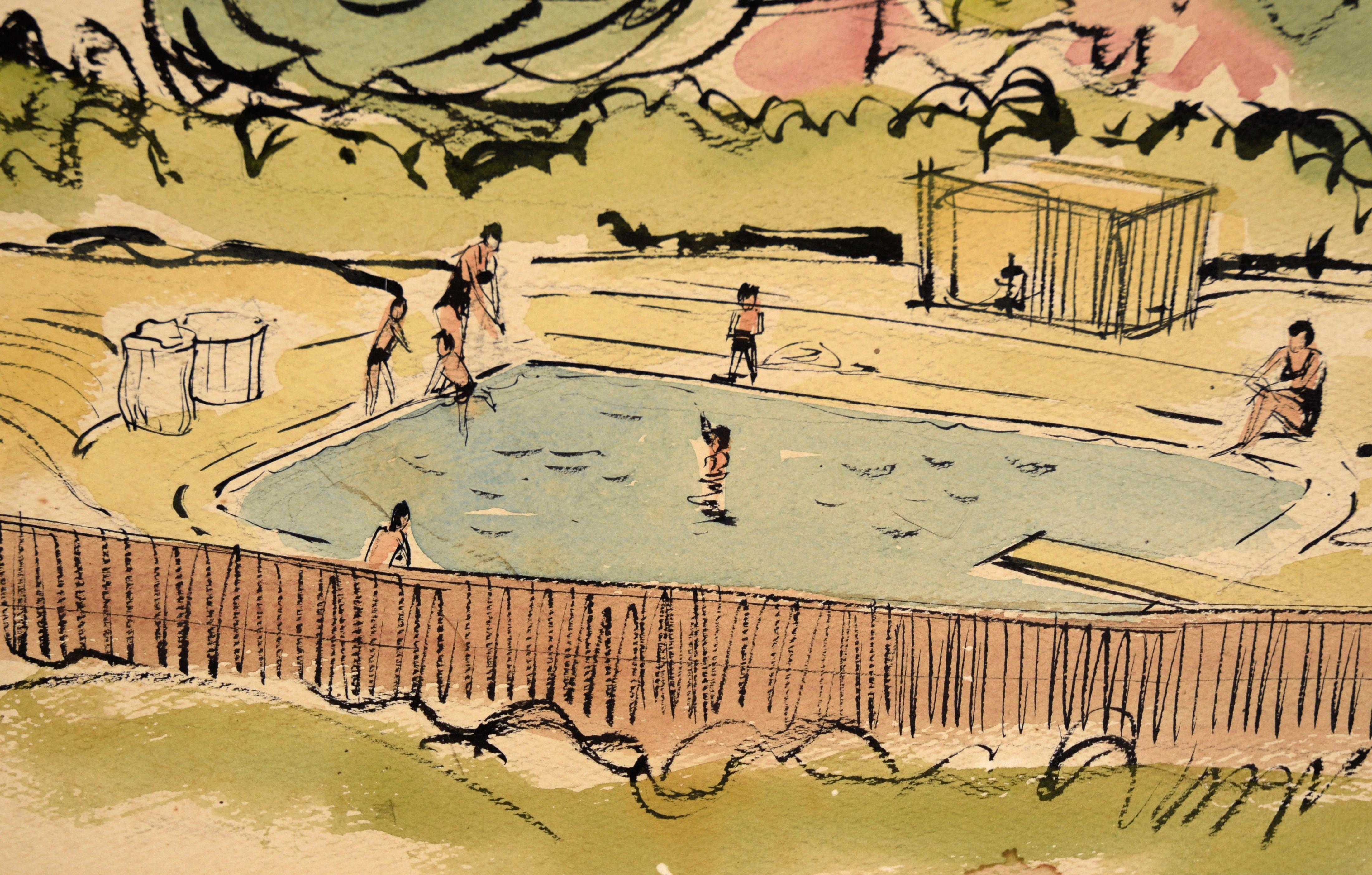 At the Pool - Illustration in Aquarell und Tusche auf Papier aus der Mitte des Jahrhunderts im Angebot 1