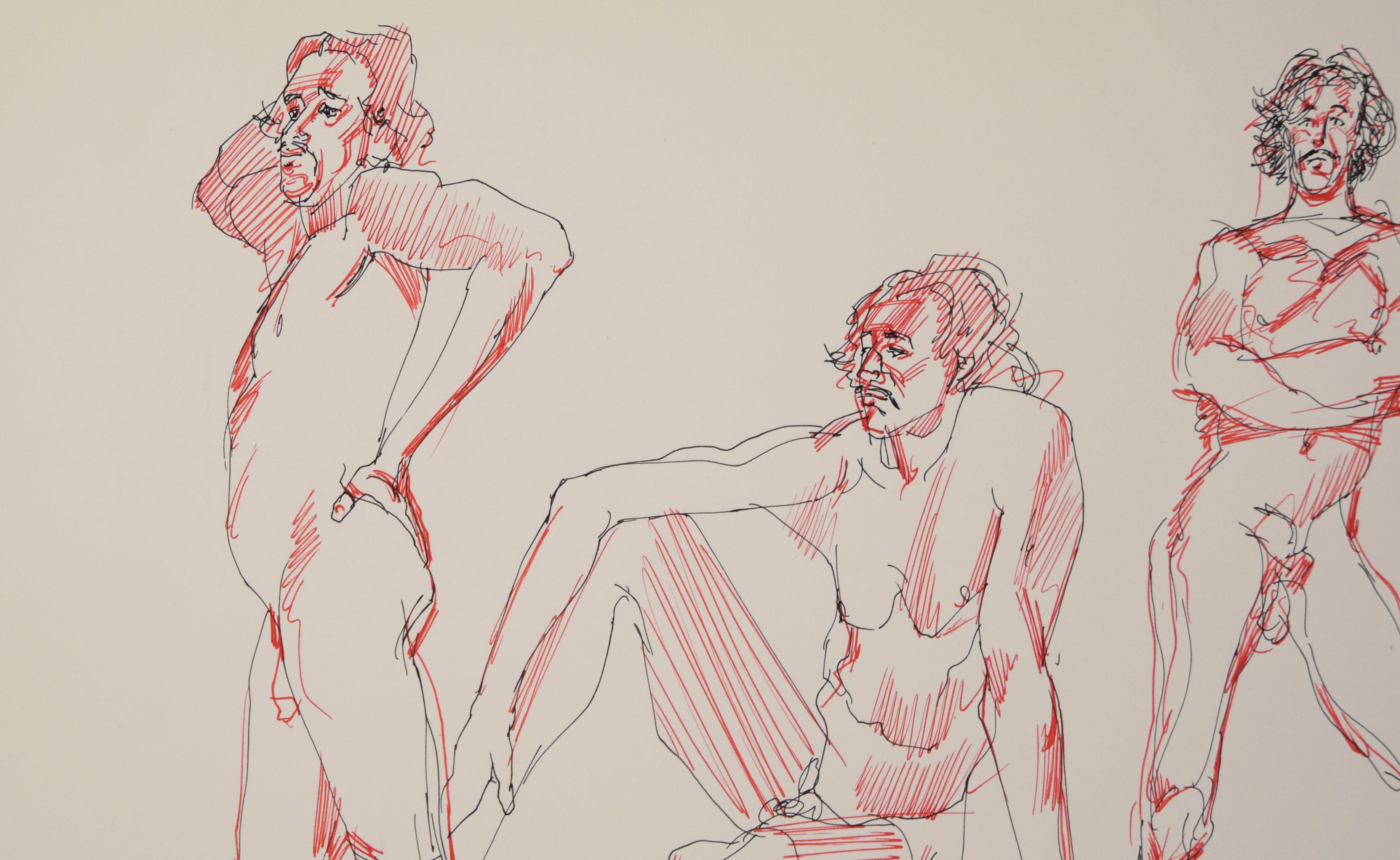 Trois poses - Dessin figuratif original de nu masculin sur papier - Modernisme américain Art par Unknown