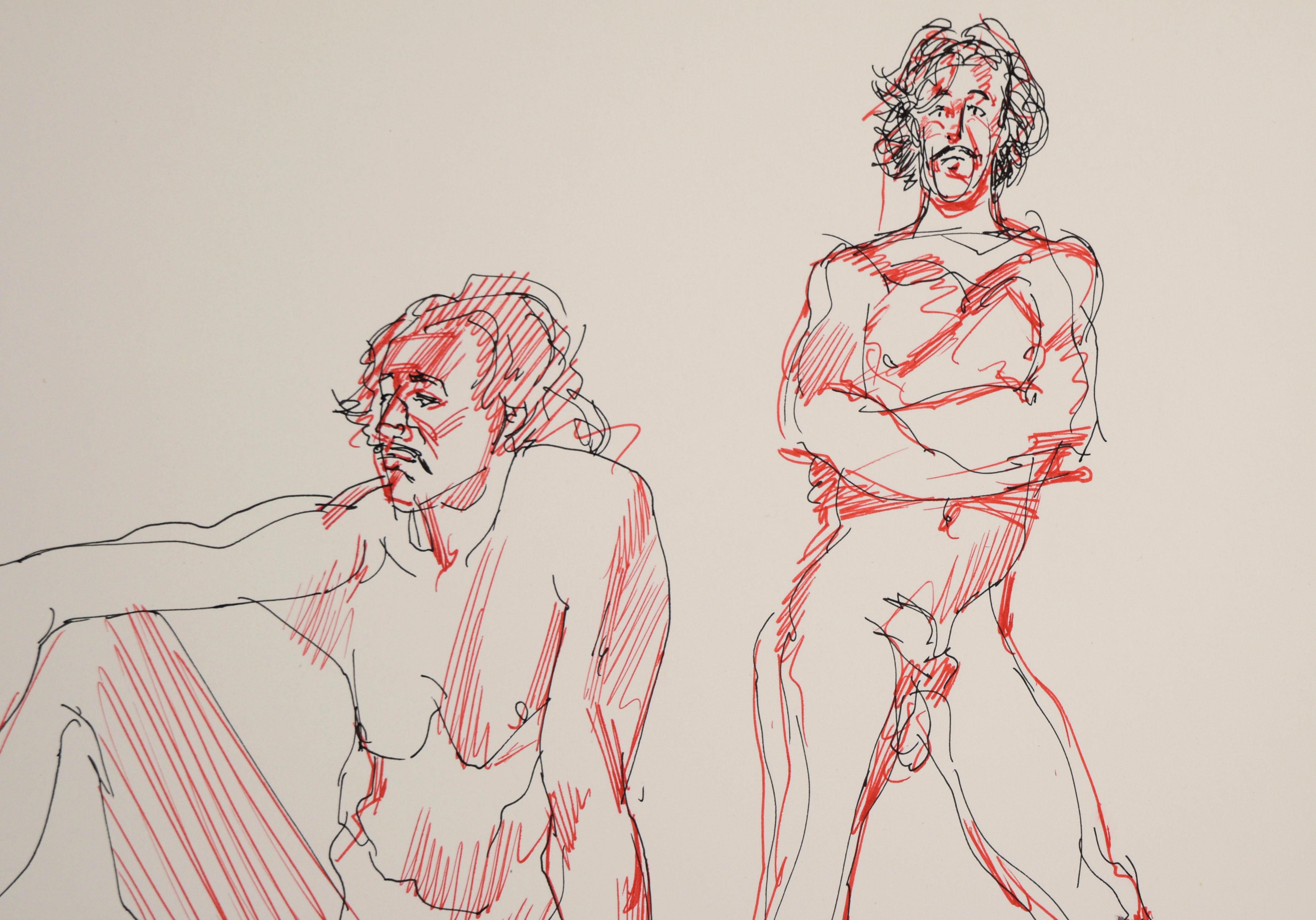 Trois poses - Dessin figuratif original de nu masculin sur papier en vente 1