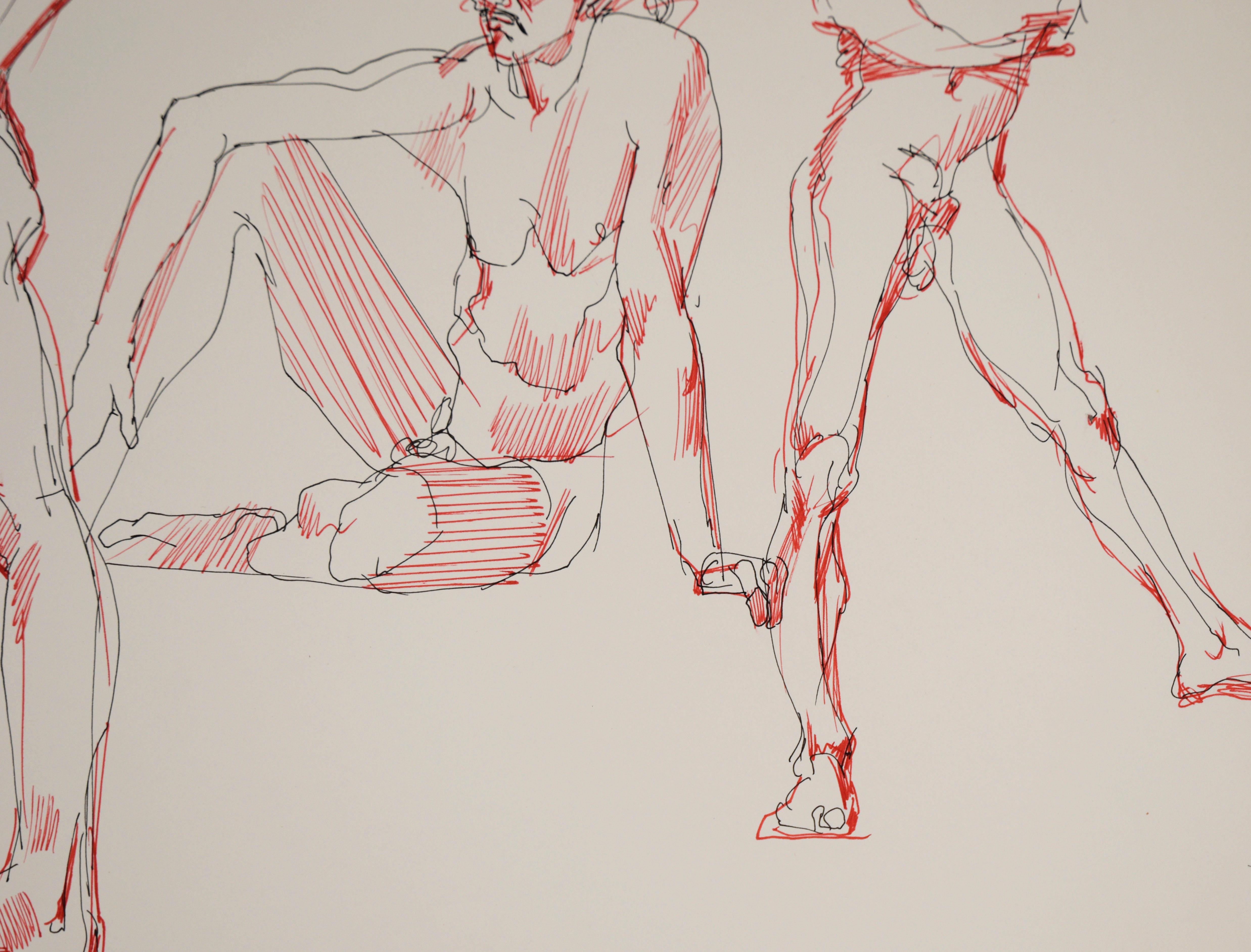 Trois poses - Dessin figuratif original de nu masculin sur papier - Beige Nude par Unknown