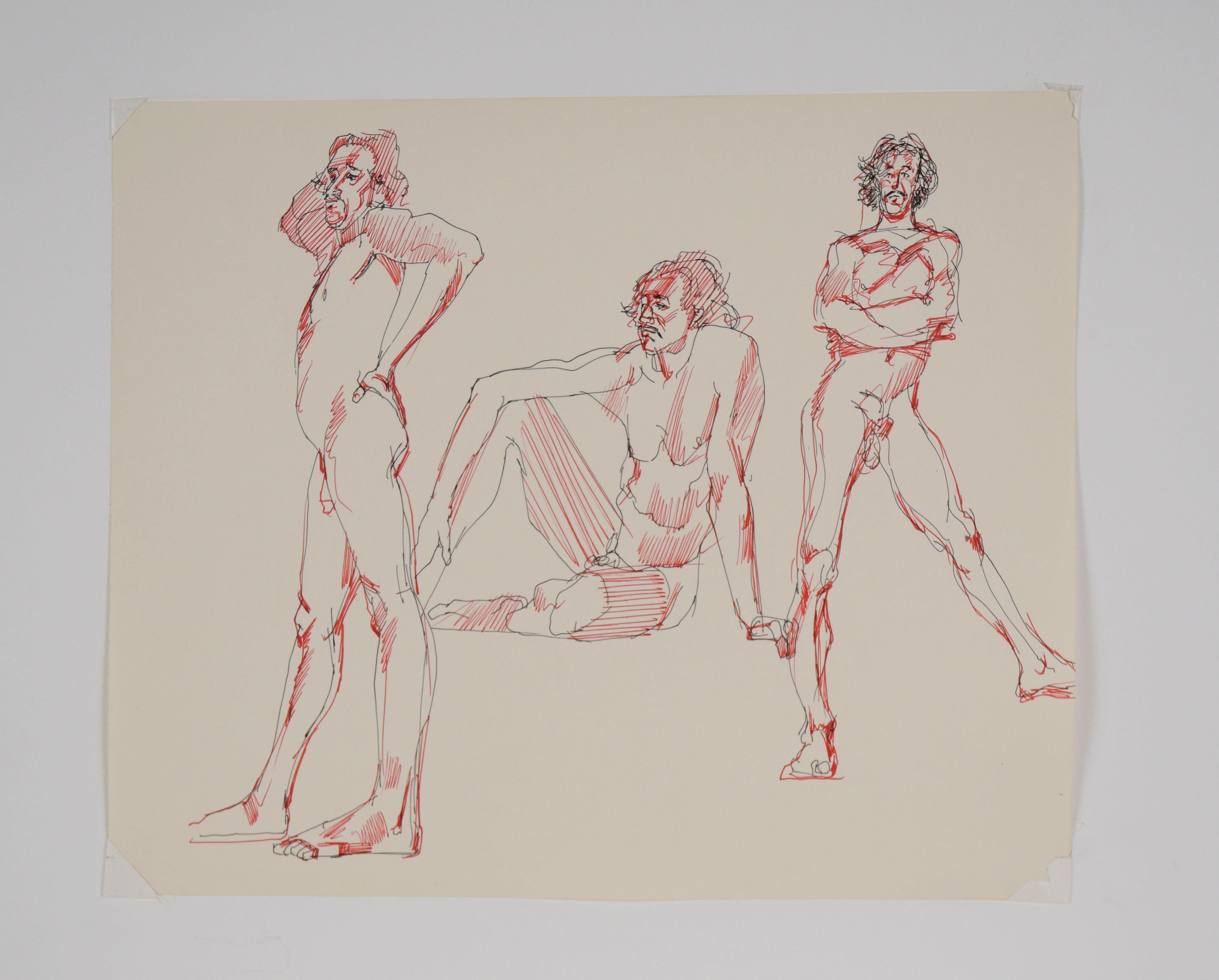 Trois poses - Dessin figuratif original de nu masculin sur papier - Art de Unknown