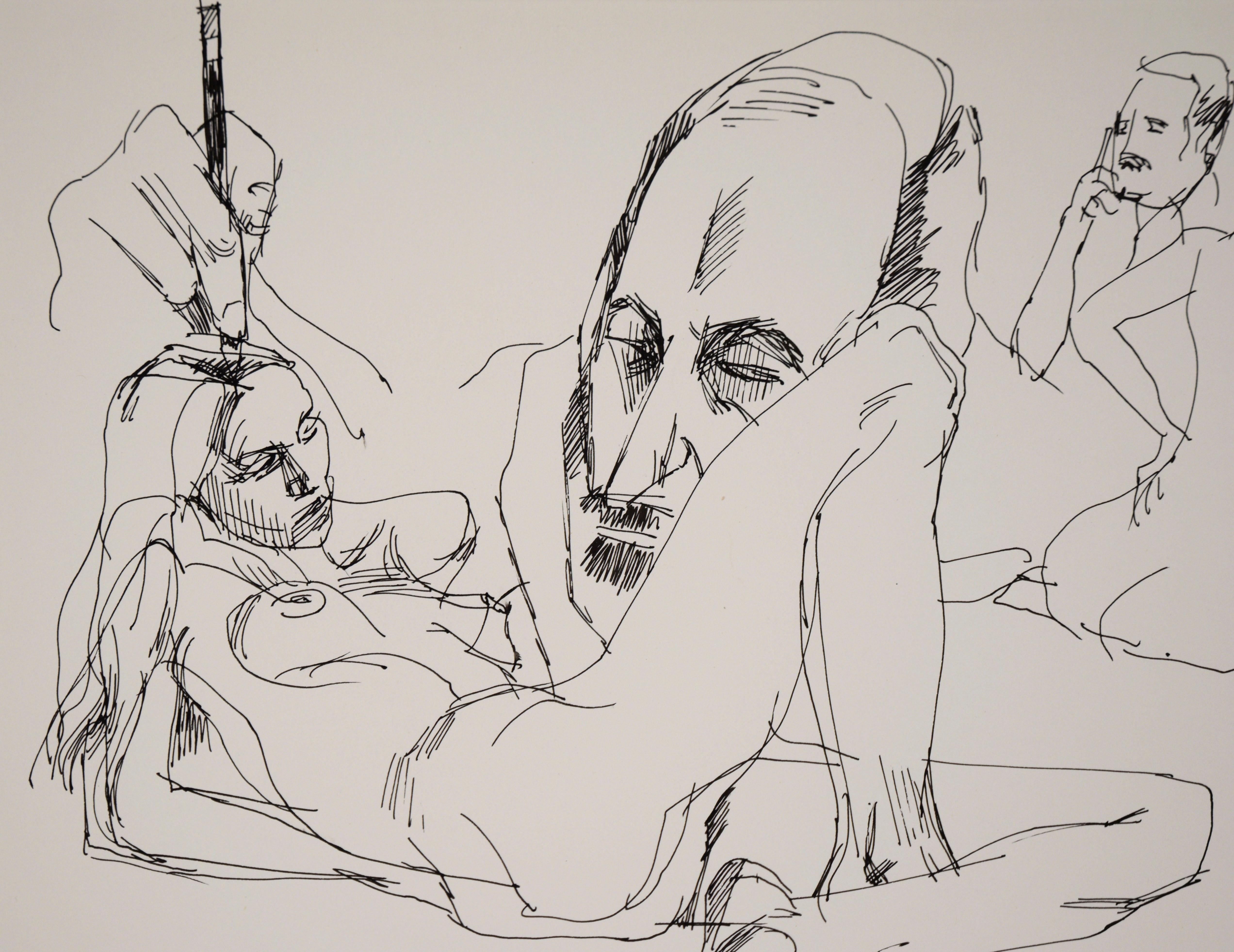 El artista y su musa - Dibujo figurativo original sobre papel - Art Posmoderno de Unknown