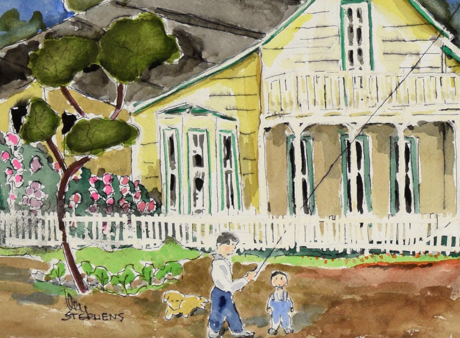 „Salinas Mayor's House“ – Original Aquarell-Landschaft auf Papier (Grau), Figurative Art, von Ken L Stephens